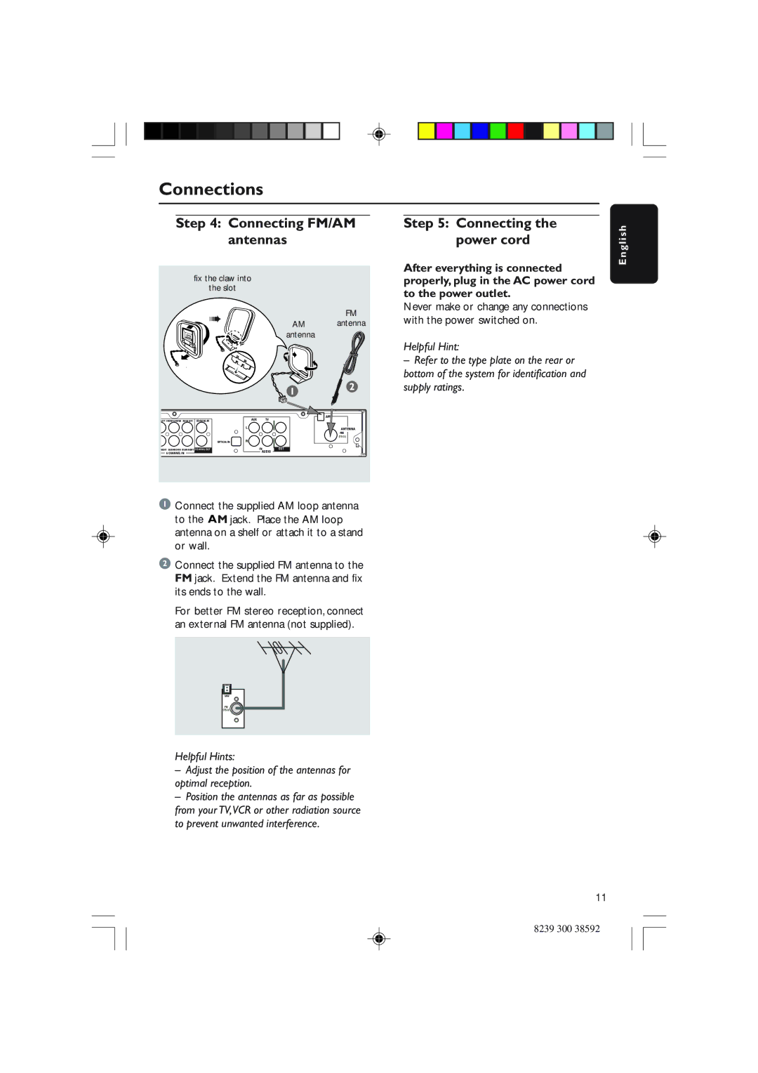 Philips DVDR3350H user manual Connecting FM/AM antennas, Connecting the power cord 