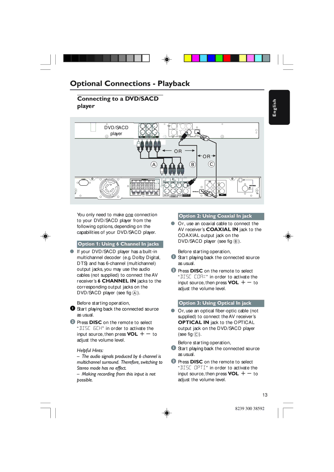 Philips DVDR3350H Connecting to a DVD/SACD player, Option 1 Using 6 Channel In jacks, Option 2 Using Coaxial In jack 