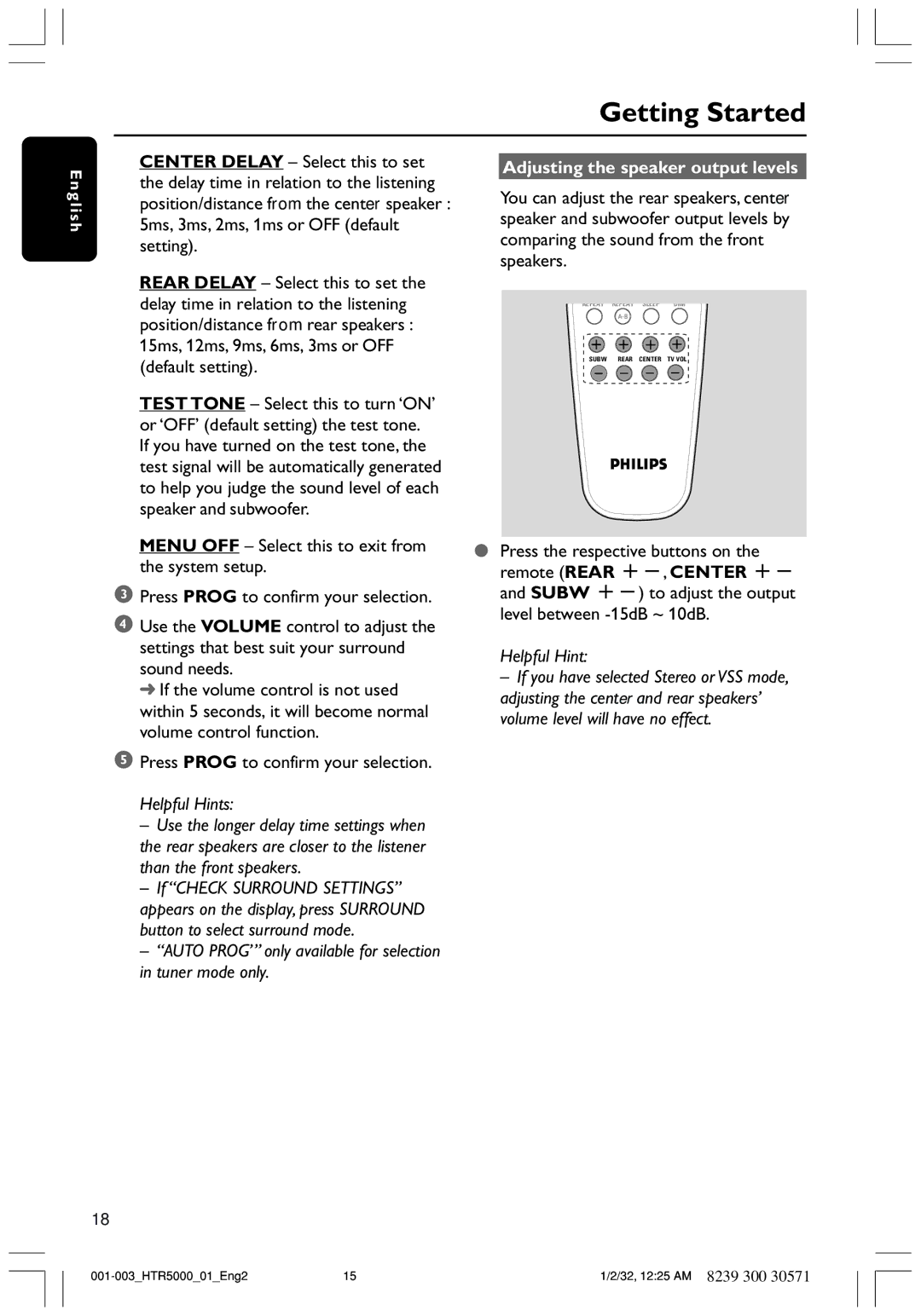 Philips DVDR3350H user manual Adjusting the speaker output levels 