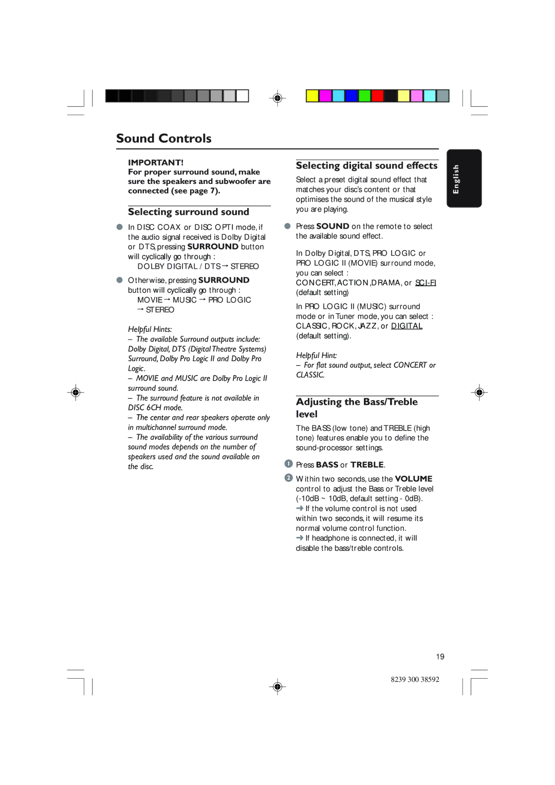 Philips DVDR3350H user manual Sound Controls, Selecting surround sound, Selecting digital sound effects 