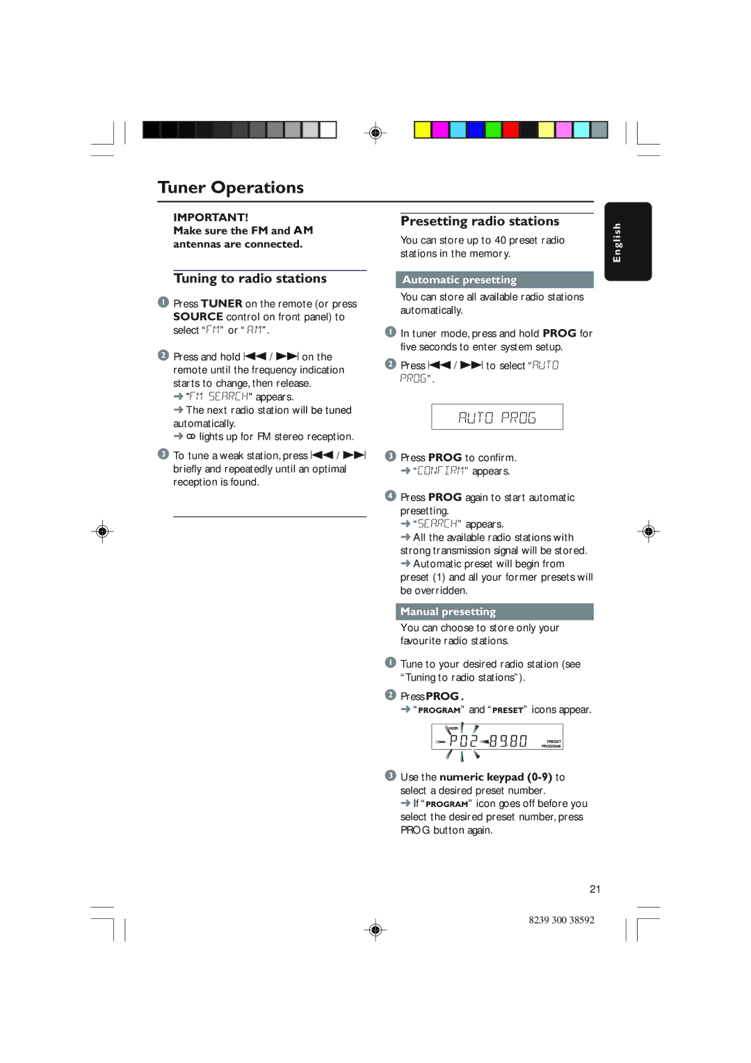 Philips DVDR3350H user manual Tuner Operations, Tuning to radio stations, Presetting radio stations, Automatic presetting 