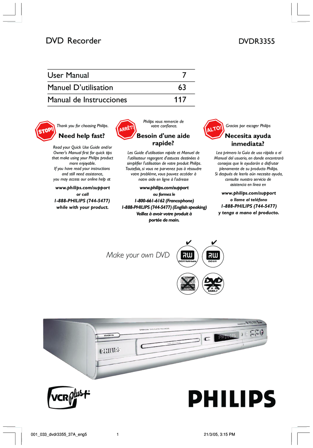 Philips DVDR3355 user manual DVD Recorder, Necesita ayuda Inmediata? 