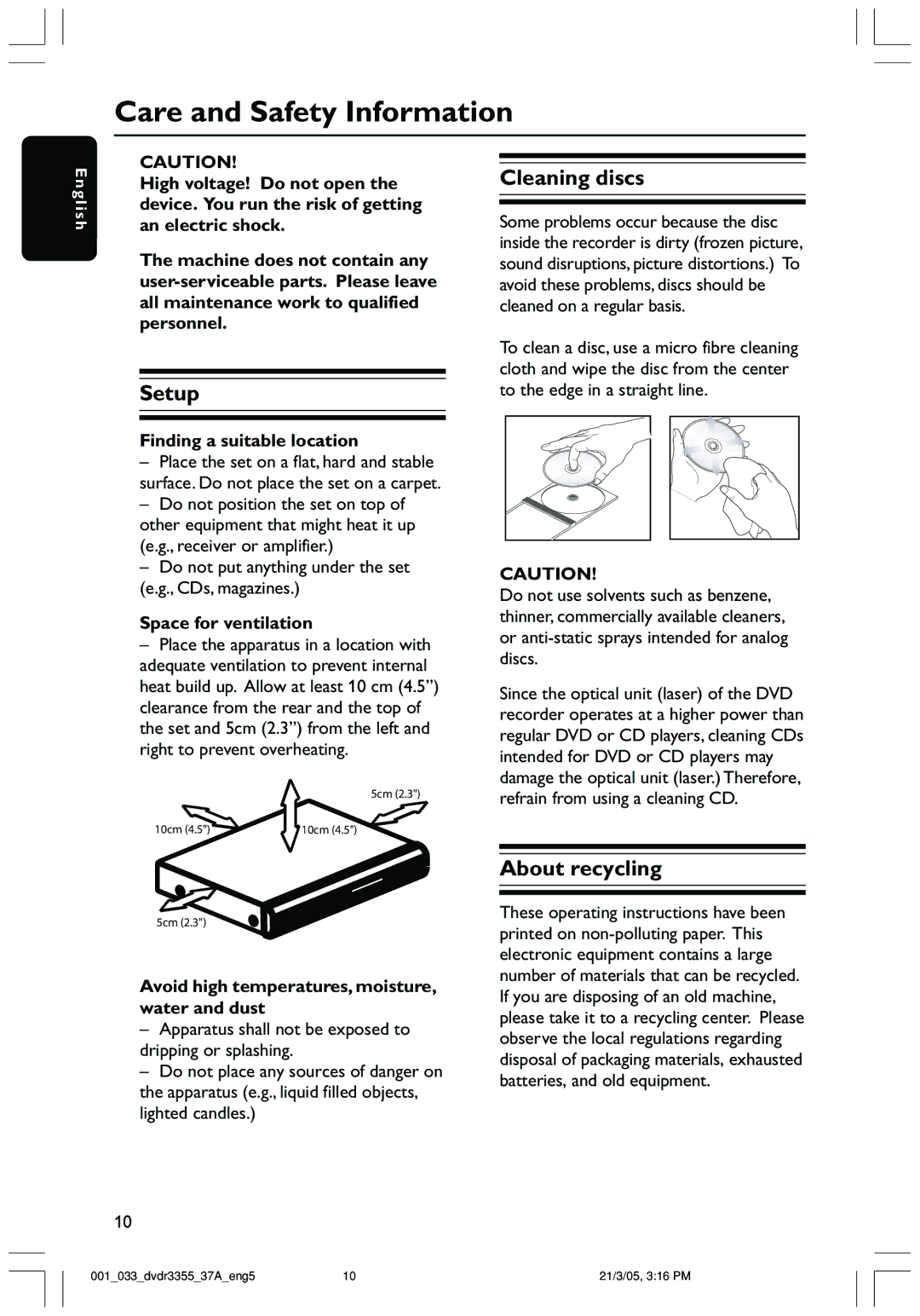 Philips DVDR3355 user manual Care and Safety Information, Setup, Cleaning discs, About recycling 