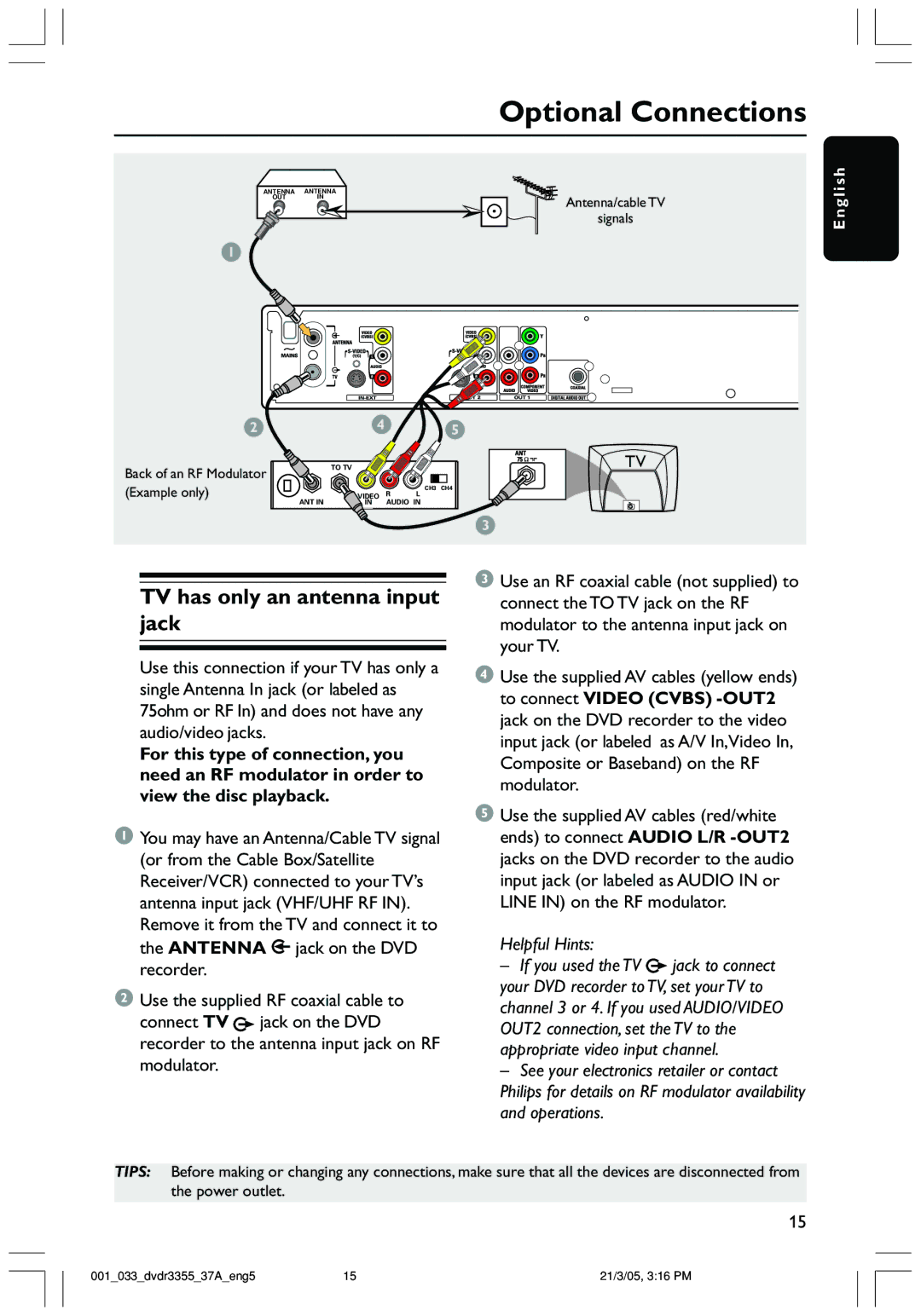 Philips DVDR3355 user manual Optional Connections, TV has only an antenna input jack 