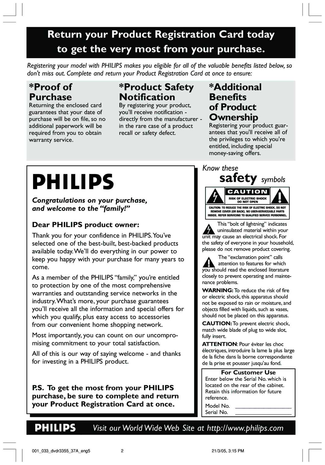 Philips DVDR3355 user manual Returning the enclosed card By registering your product, For Customer Use 