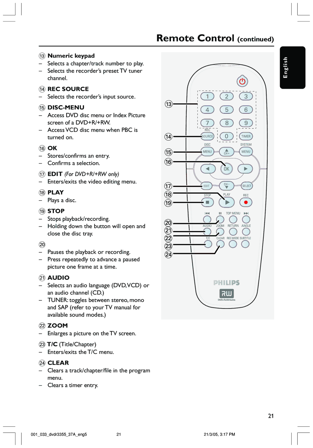 Philips DVDR3355 user manual # Numeric keypad, Play, Stop 