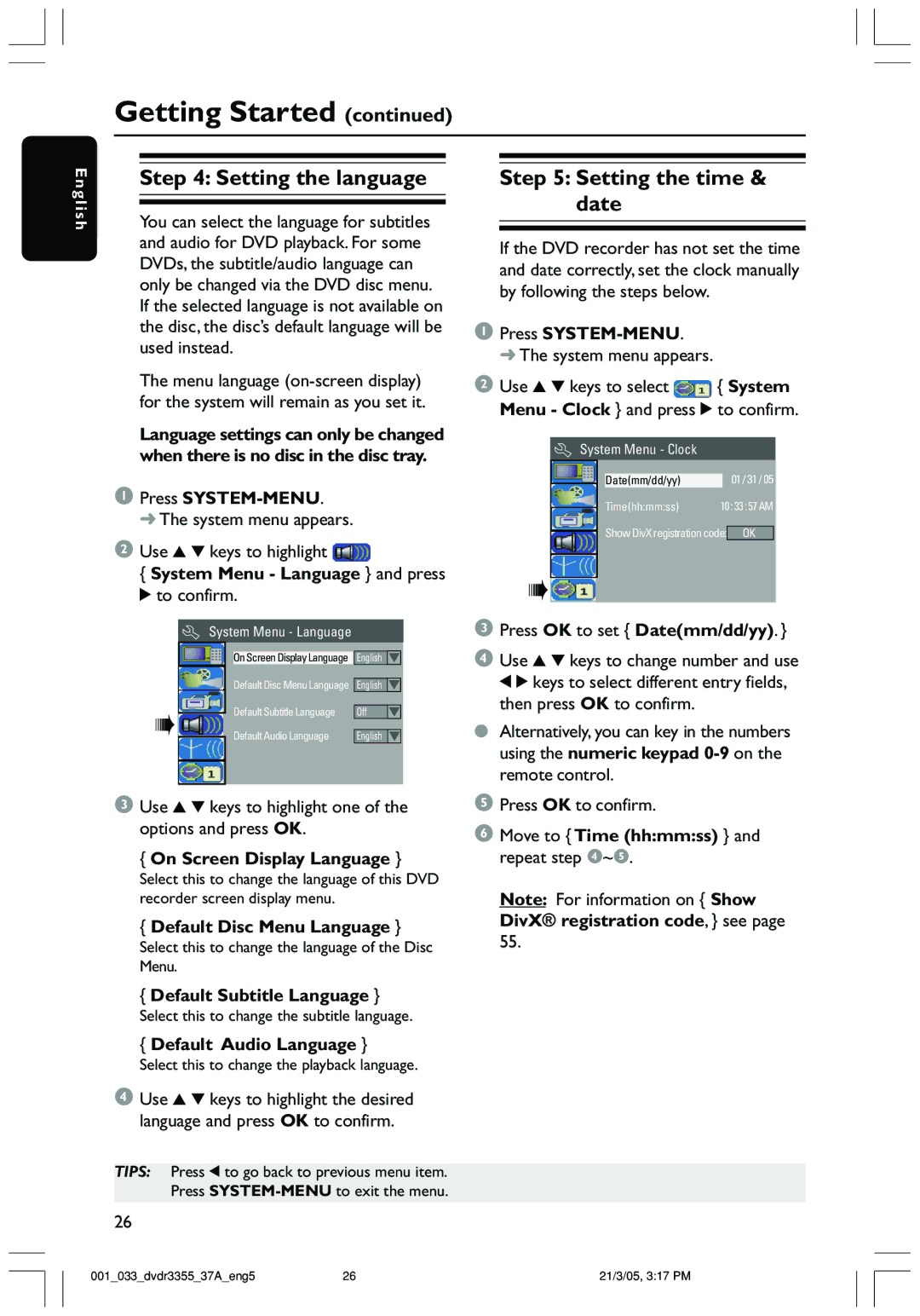 Philips DVDR3355 user manual Setting the language, Setting the time & date 