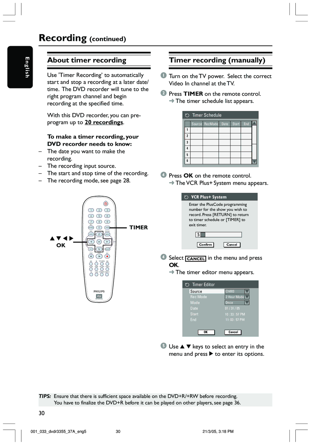 Philips DVDR3355 user manual About timer recording Timer recording manually 