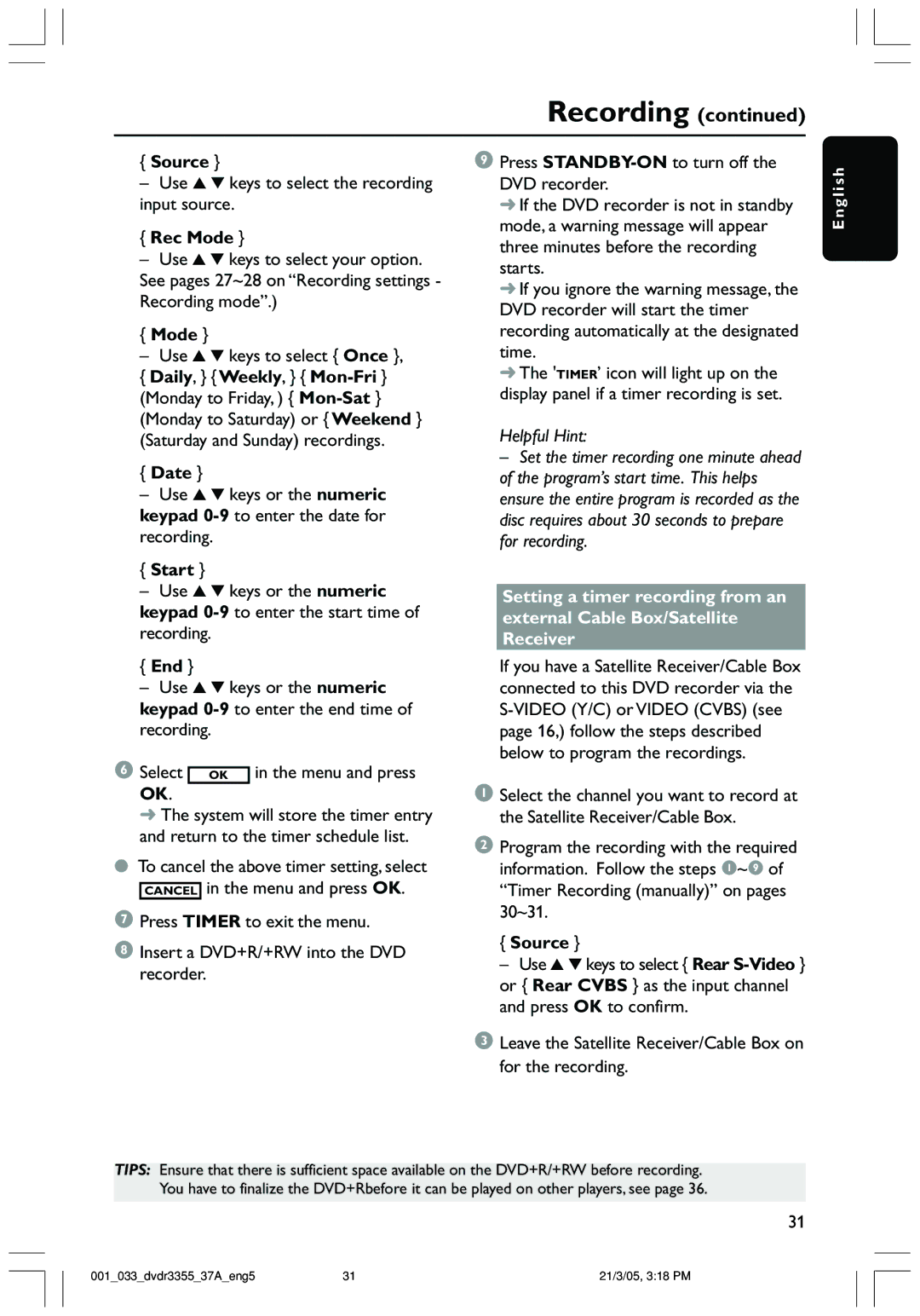 Philips DVDR3355 user manual Source, Rec Mode, Date, Start, End 