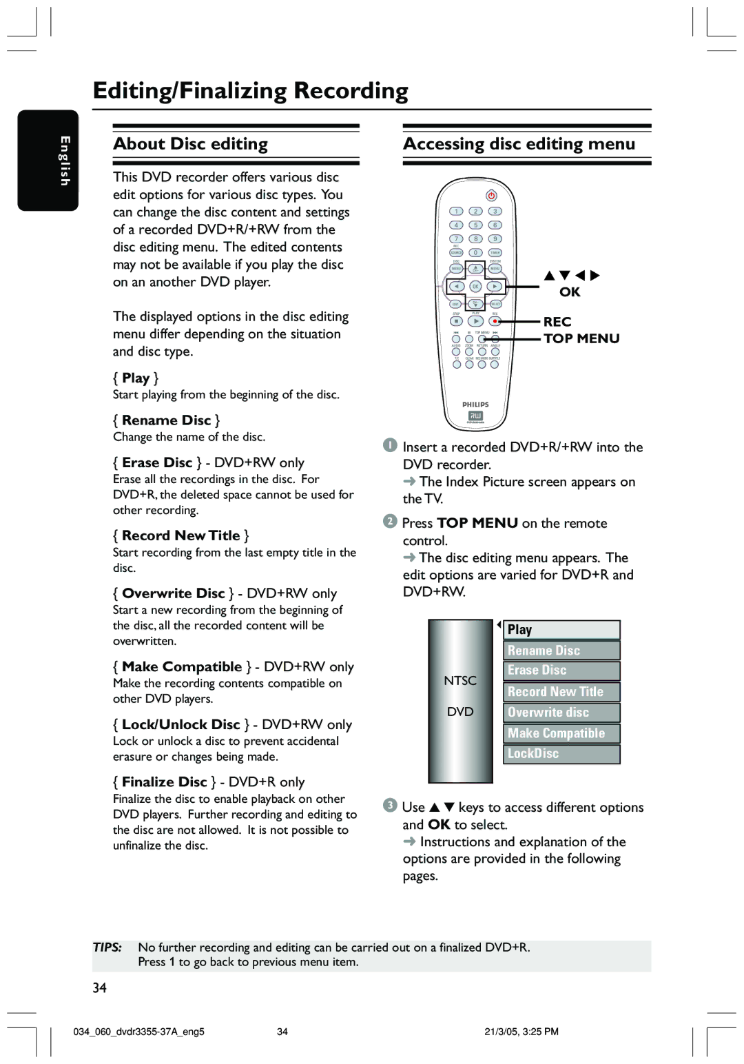 Philips DVDR3355 user manual Editing/Finalizing Recording, About Disc editing Accessing disc editing menu 