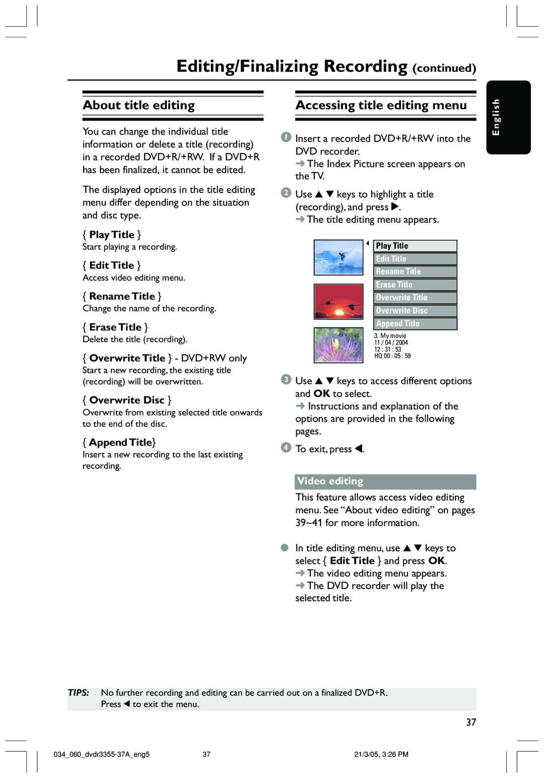 Philips DVDR3355 user manual About title editing, Accessing title editing menu, Video editing 