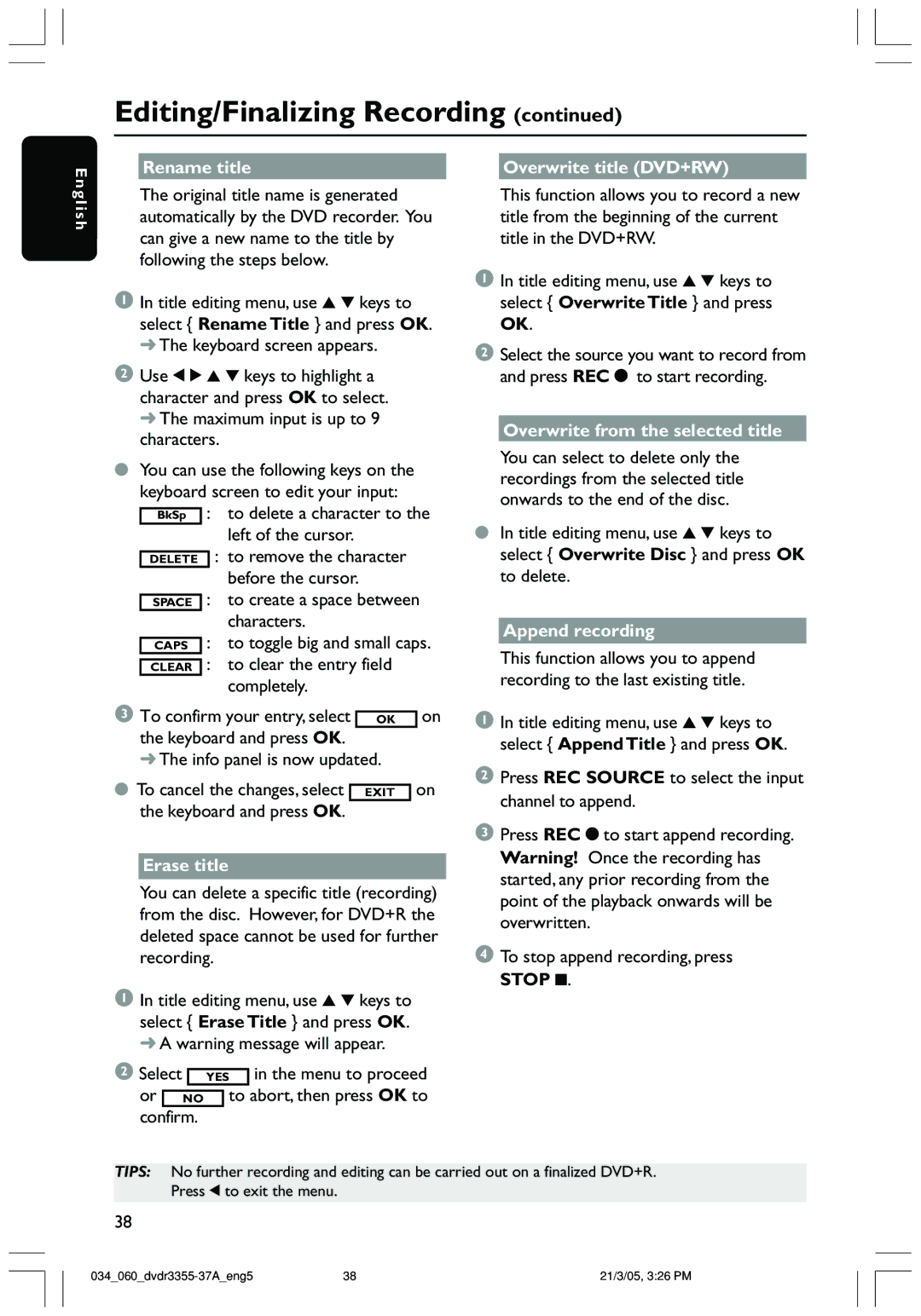 Philips DVDR3355 Rename title Overwrite title DVD+RW, Erase title, Overwrite from the selected title, Append recording 