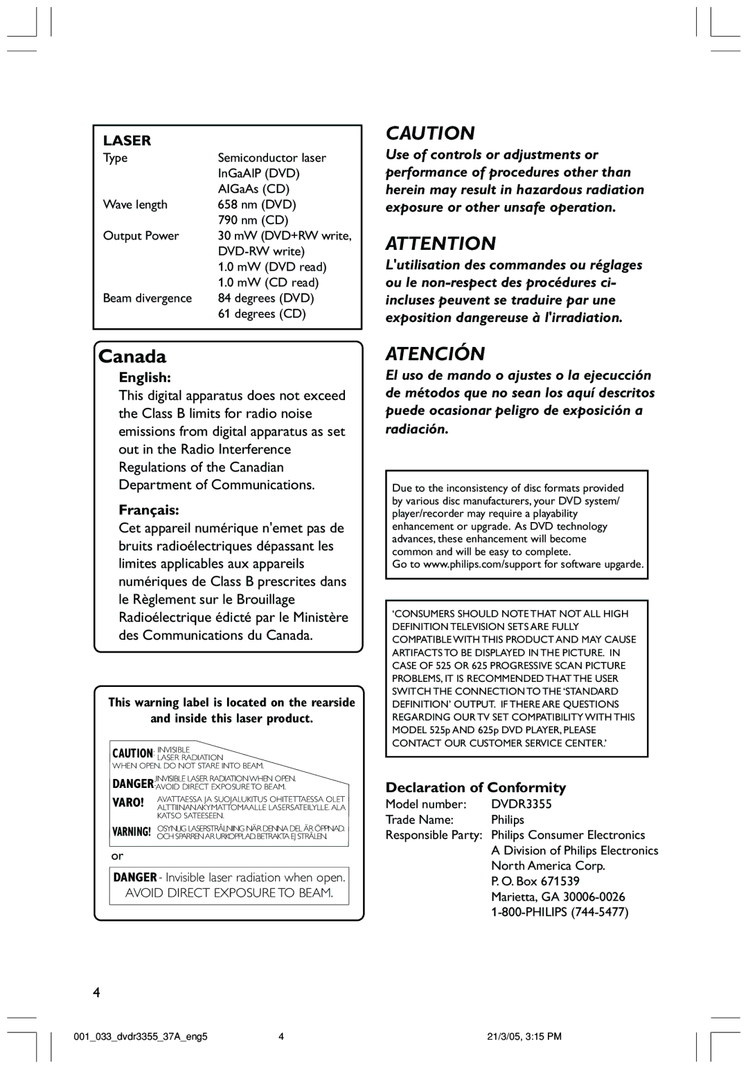 Philips DVDR3355 user manual English, Français, Declaration of Conformity 