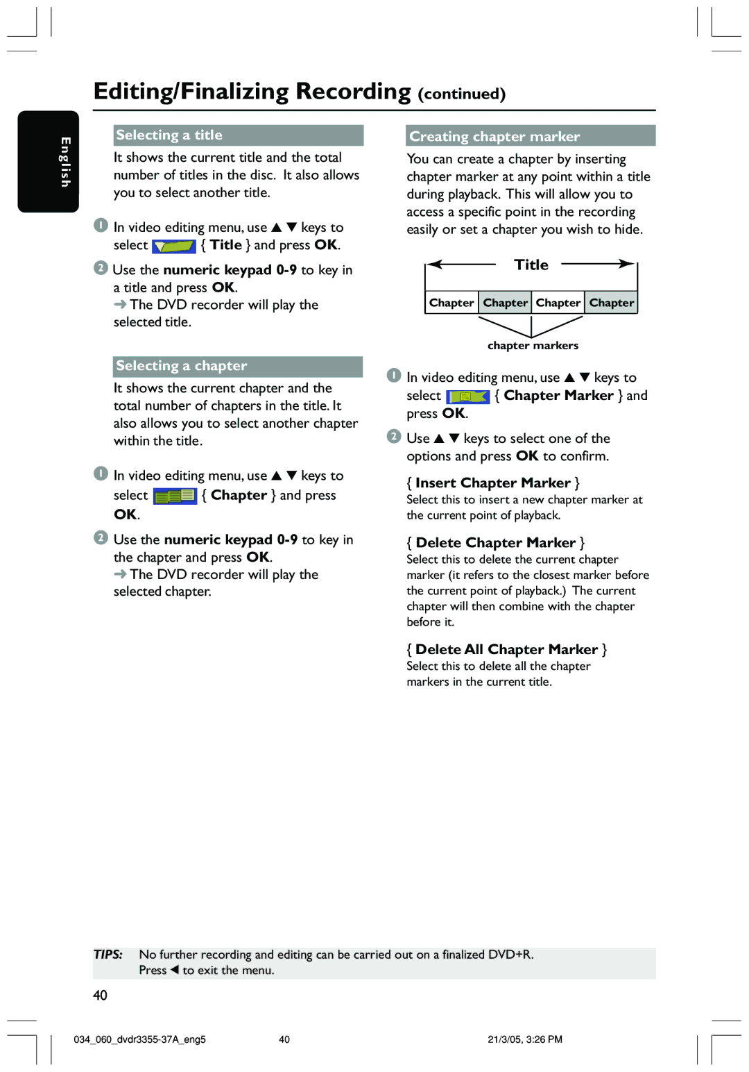 Philips DVDR3355 user manual Title, Selecting a title, Creating chapter marker, Selecting a chapter 