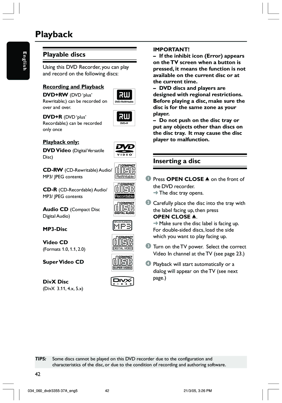 Philips DVDR3355 user manual Playback, Playable discs, Inserting a disc 