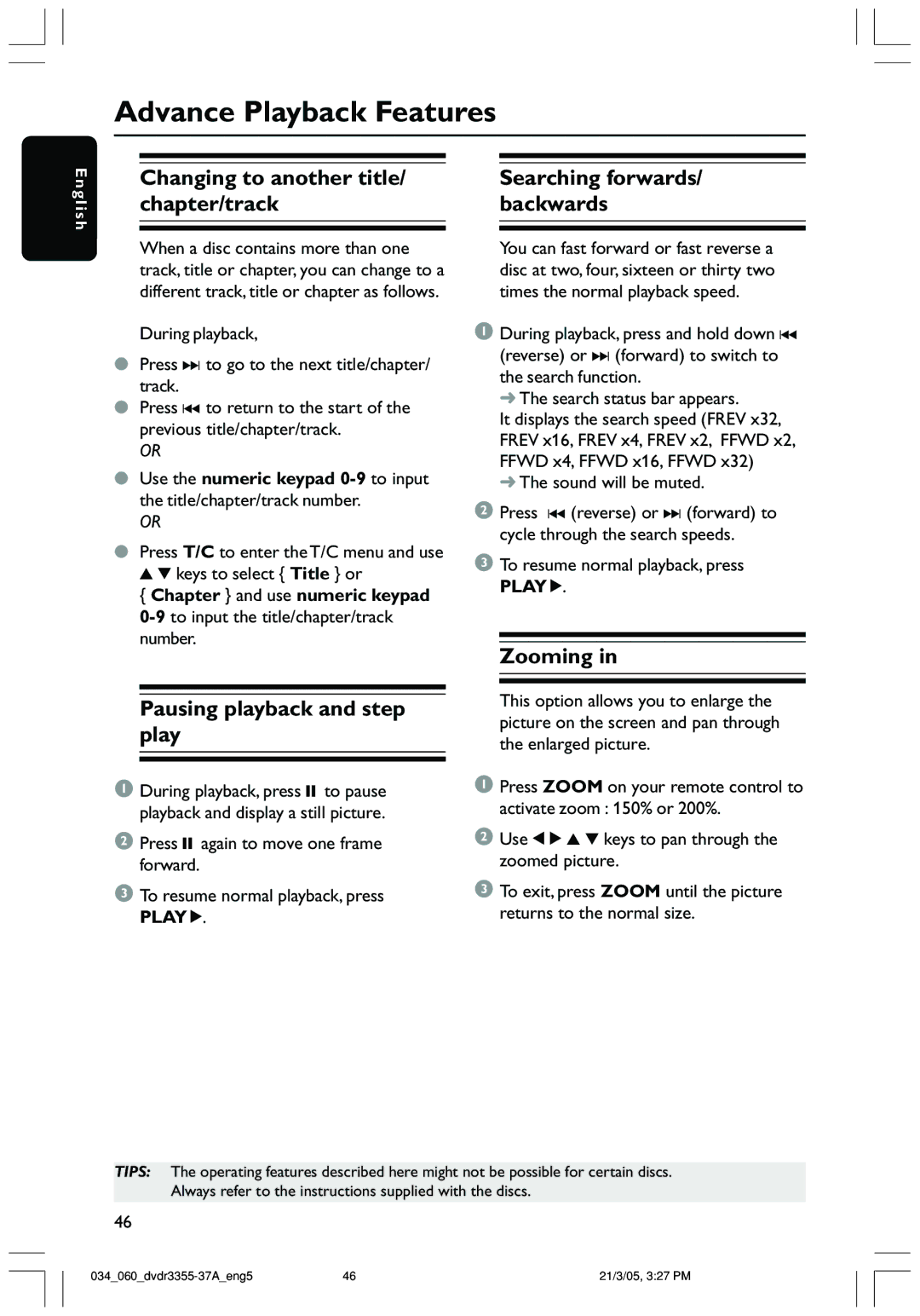 Philips DVDR3355 Advance Playback Features, Changing to another title/ chapter/track, Pausing playback and step play 