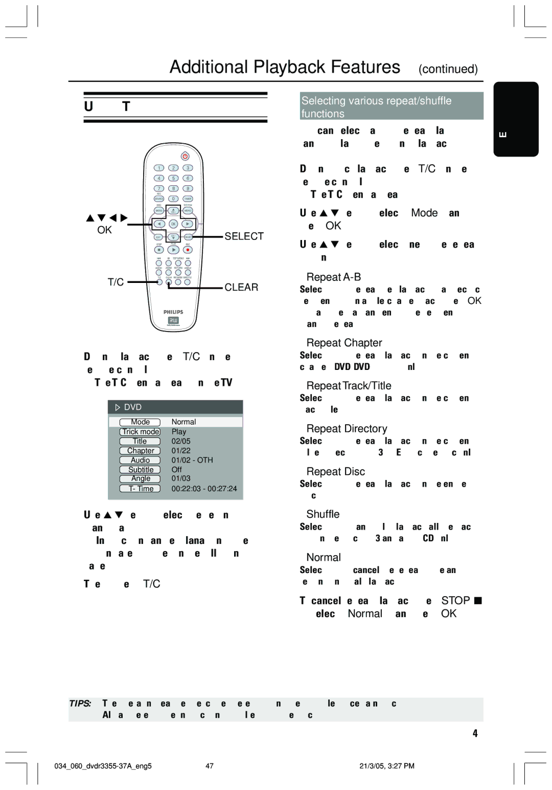 Philips DVDR3355 user manual Additional Playback Features, Selecting various repeat/shuffle, Functions 