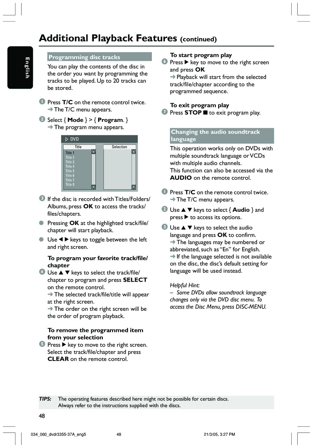 Philips DVDR3355 user manual Programming disc tracks, Changing the audio soundtrack language 