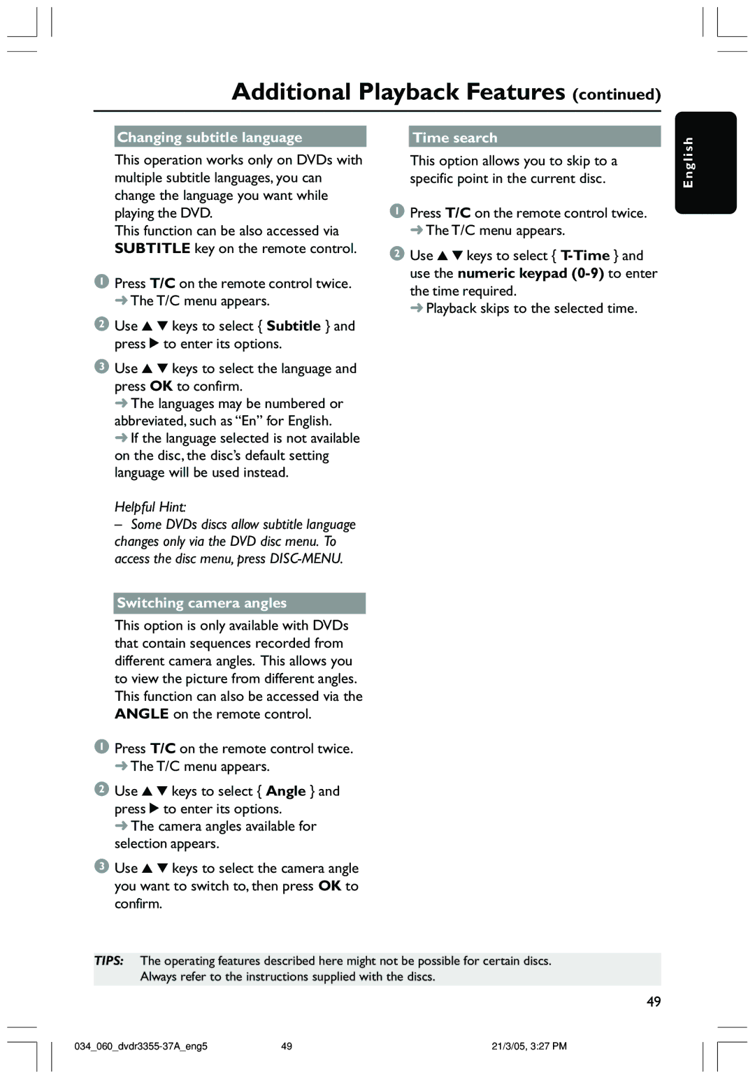 Philips DVDR3355 user manual Changing subtitle language Time search, Switching camera angles 