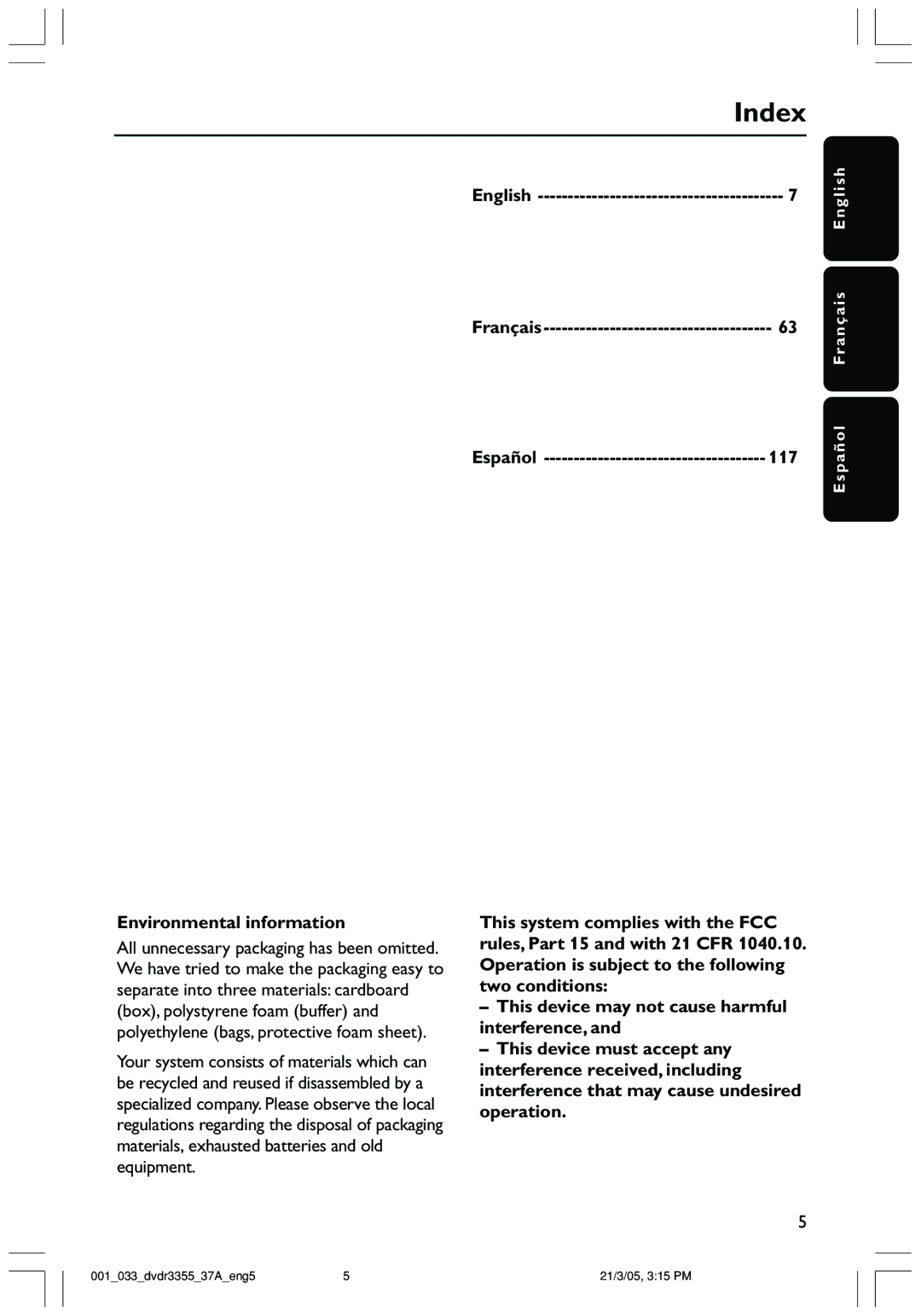 Philips DVDR3355 user manual Index, Environmental information 