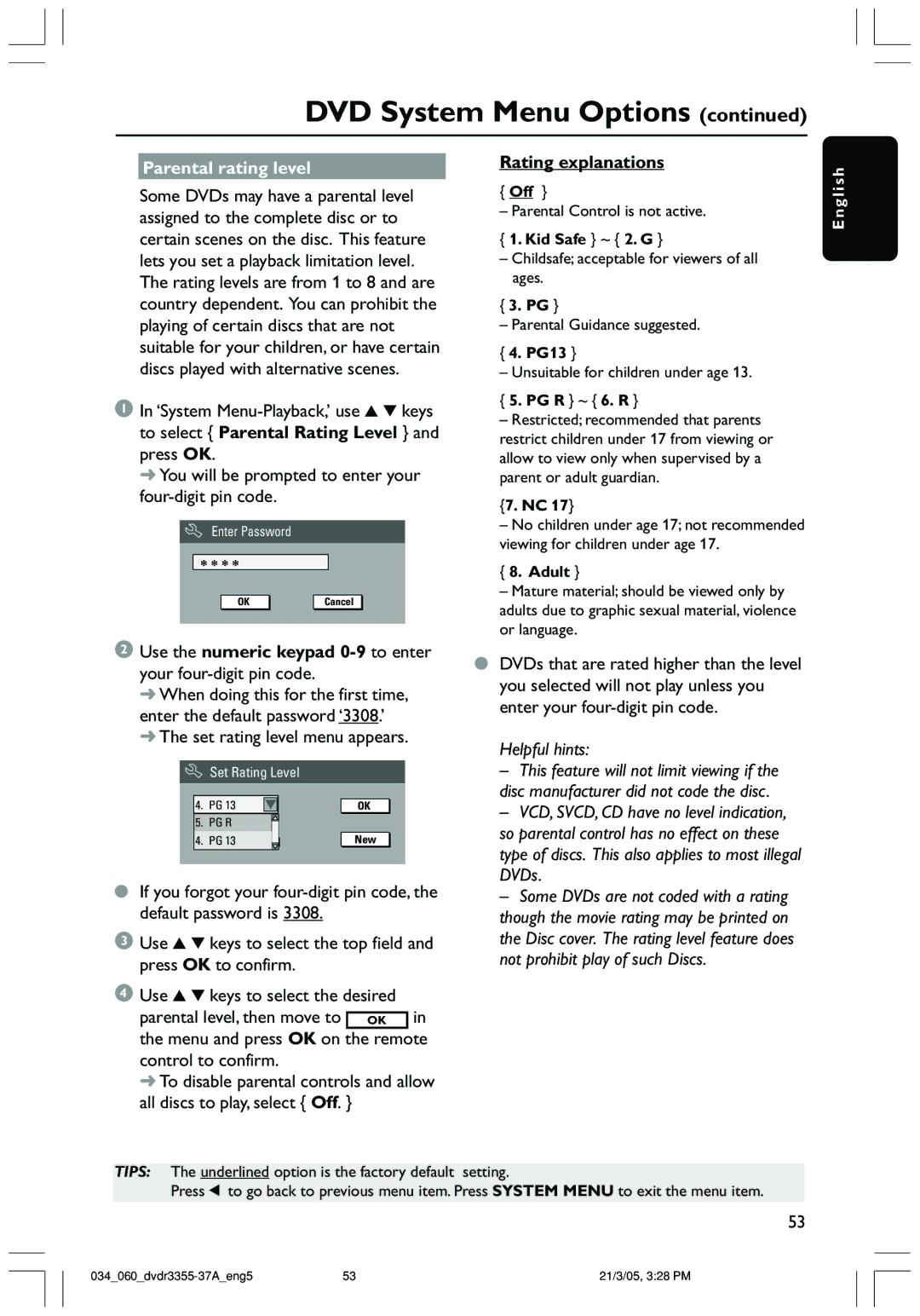 Philips DVDR3355 user manual Parental rating level, Rating explanations, Set rating level menu appears 