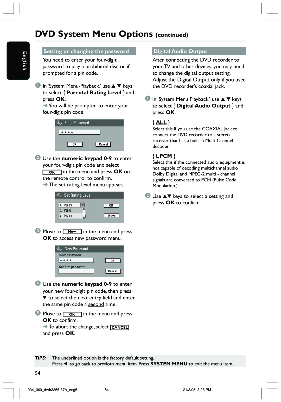 Philips DVDR3355 user manual Setting or changing the password Digital Audio Output, All, Lpcm 