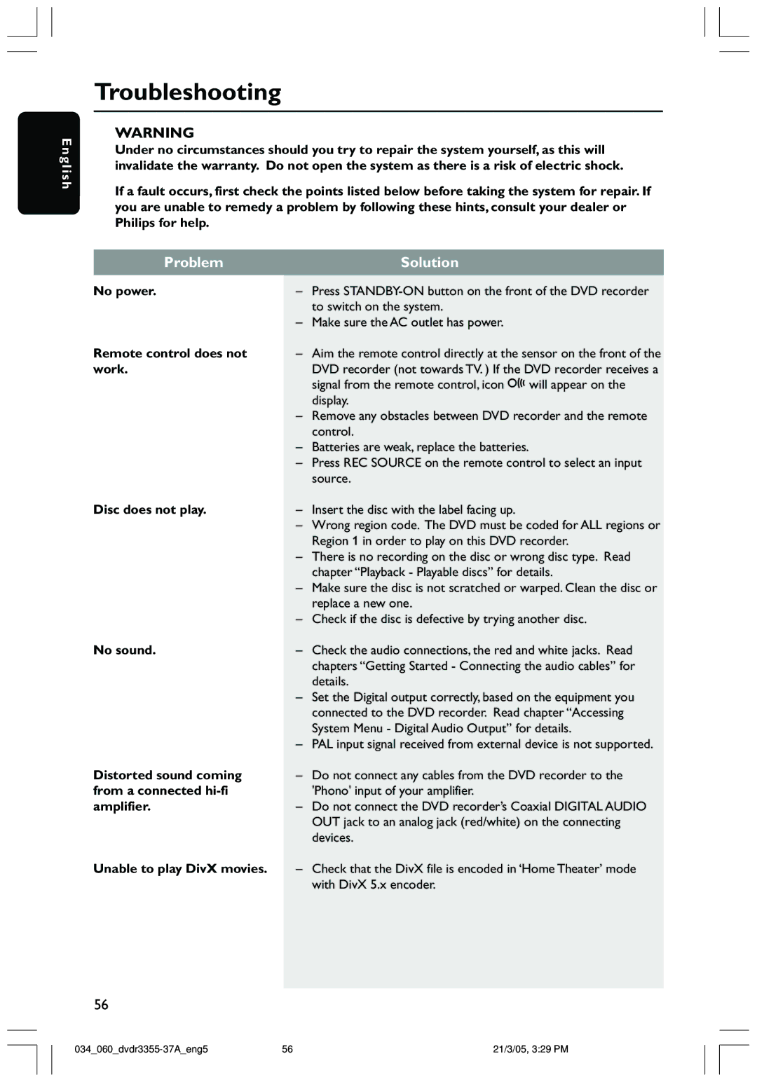 Philips DVDR3355 user manual Troubleshooting, Problem, Solution 