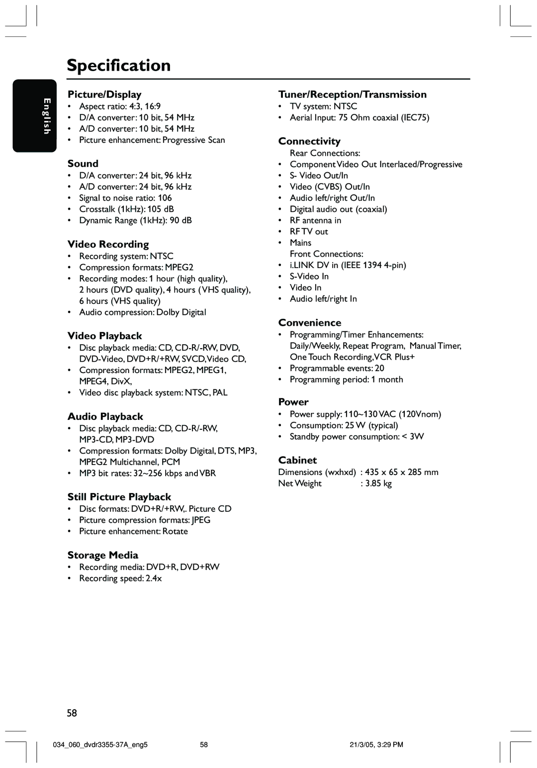 Philips DVDR3355 user manual Specification 