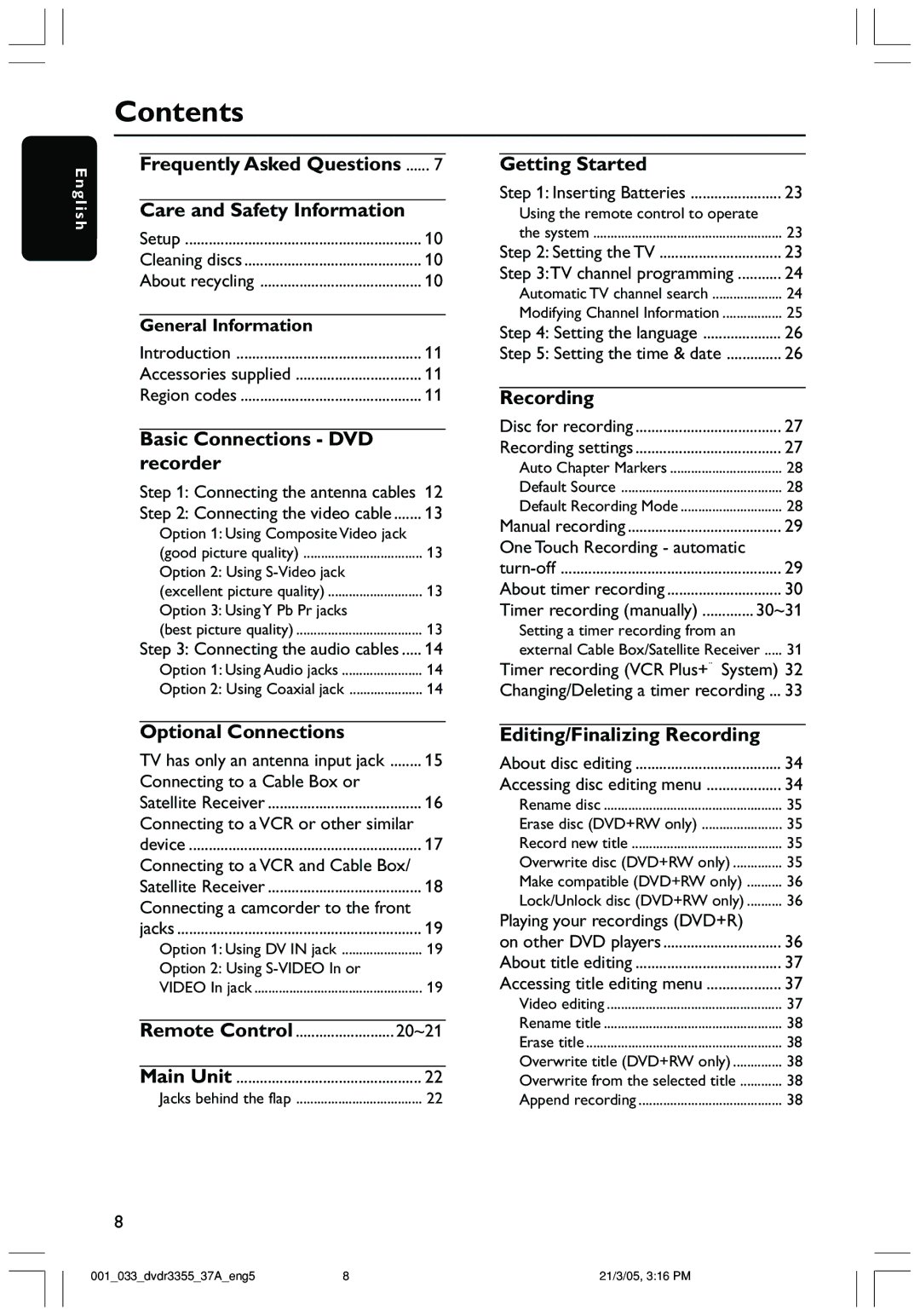 Philips DVDR3355 user manual Contents 