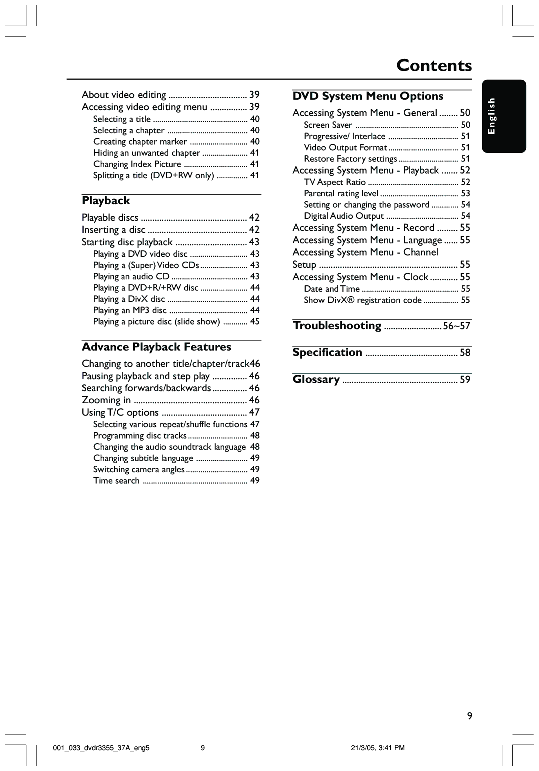 Philips DVDR3355 user manual Advance Playback Features, DVD System Menu Options, Troubleshooting 