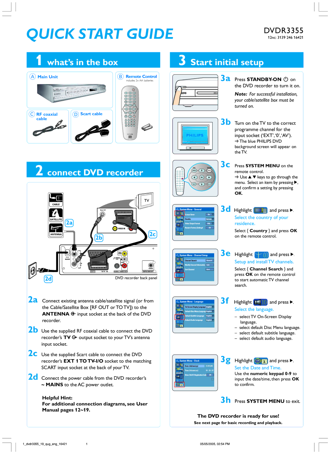 Philips DVDR3355/02B quick start What’s in the box, Connect DVD recorder 