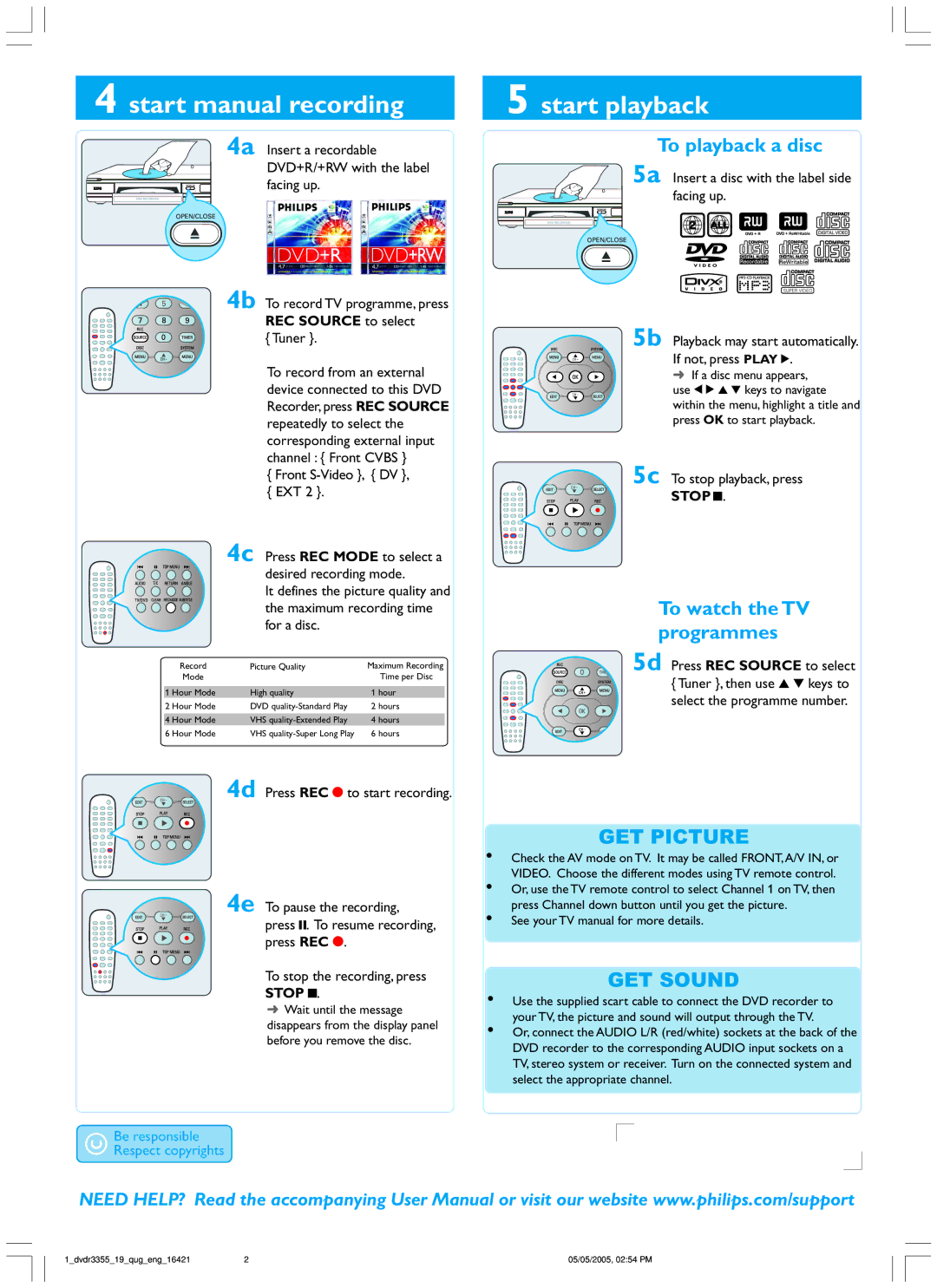 Philips DVDR3355/02B quick start Start manual recording, Start playback, GET Picture, GET Sound 