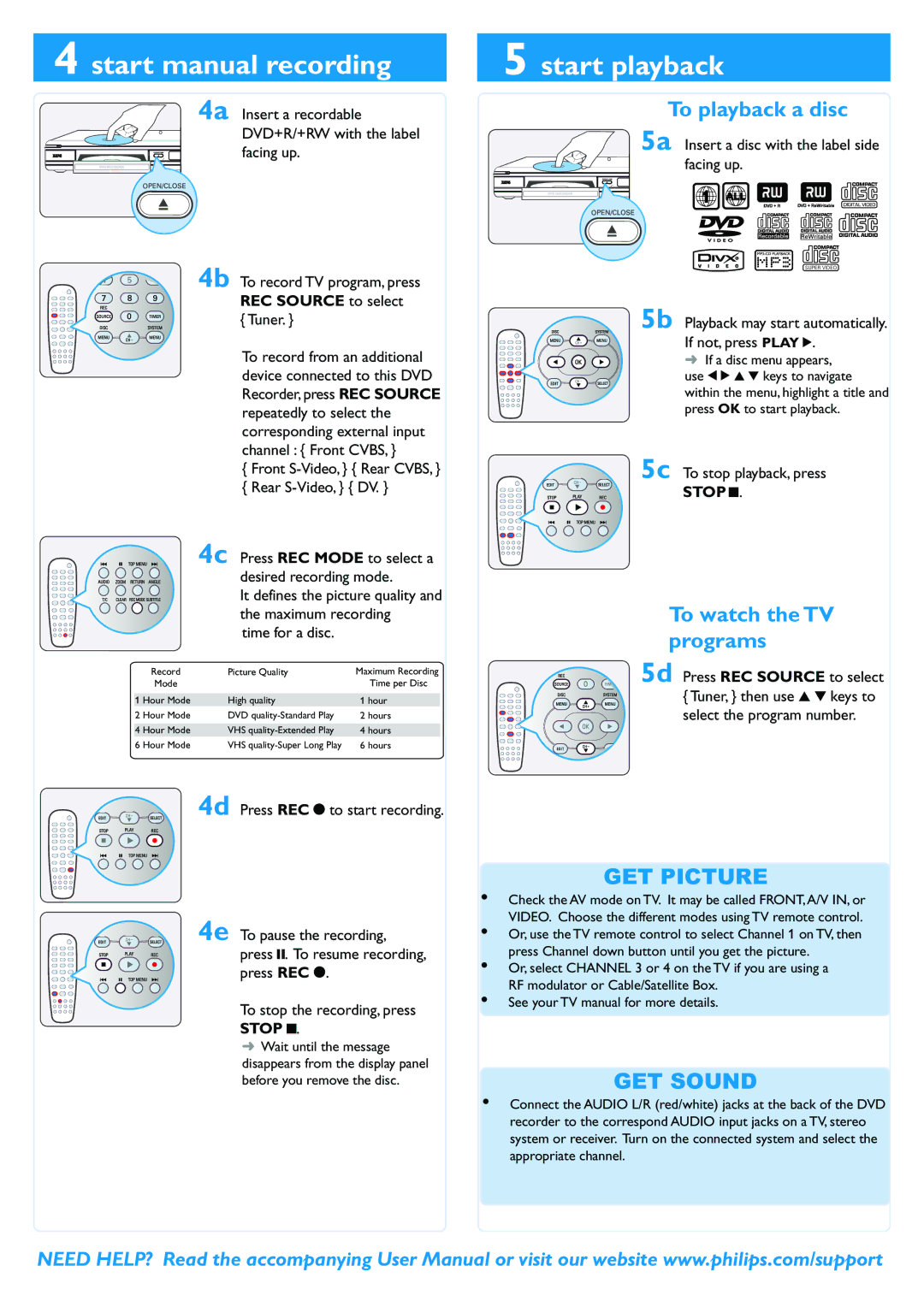 Philips DVDR3355/37 user manual Start manual recording, Start playback, GET Picture, GET Sound 