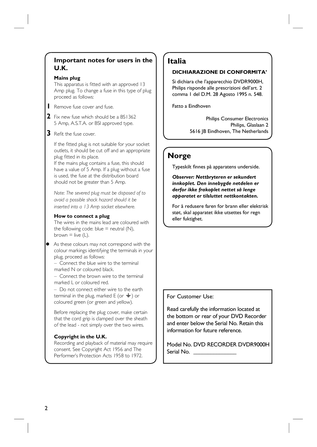 Philips DVDR3360H user manual For Customer Use, Mains plug, How to connect a plug, Copyright in the U.K 