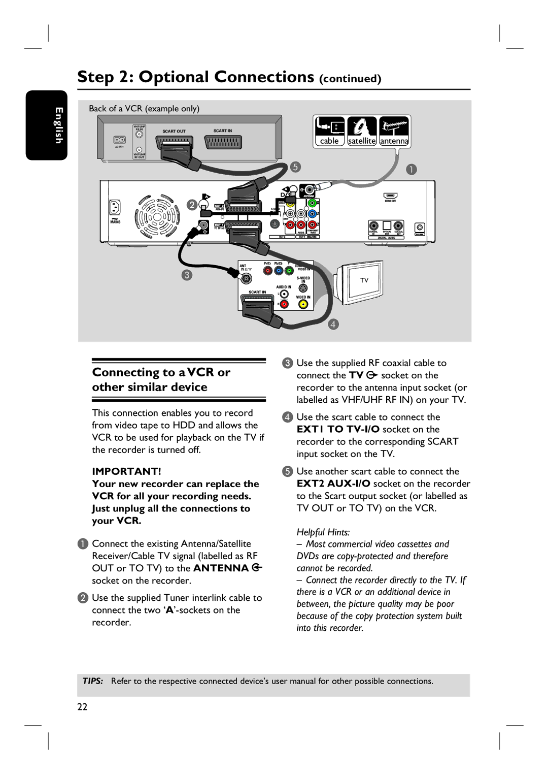 Philips DVDR3360H user manual Connecting to a VCR or other similar device, Back of a VCR example only 