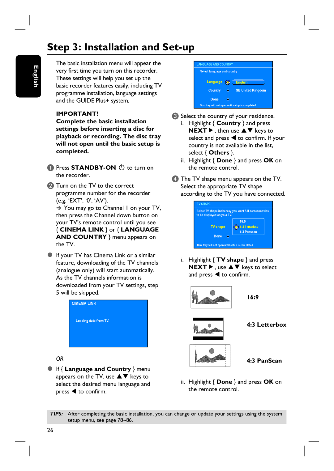 Philips DVDR3360H Installation and Set-up, Letterbox PanScan, Select the desired menu language and press W to confirm 