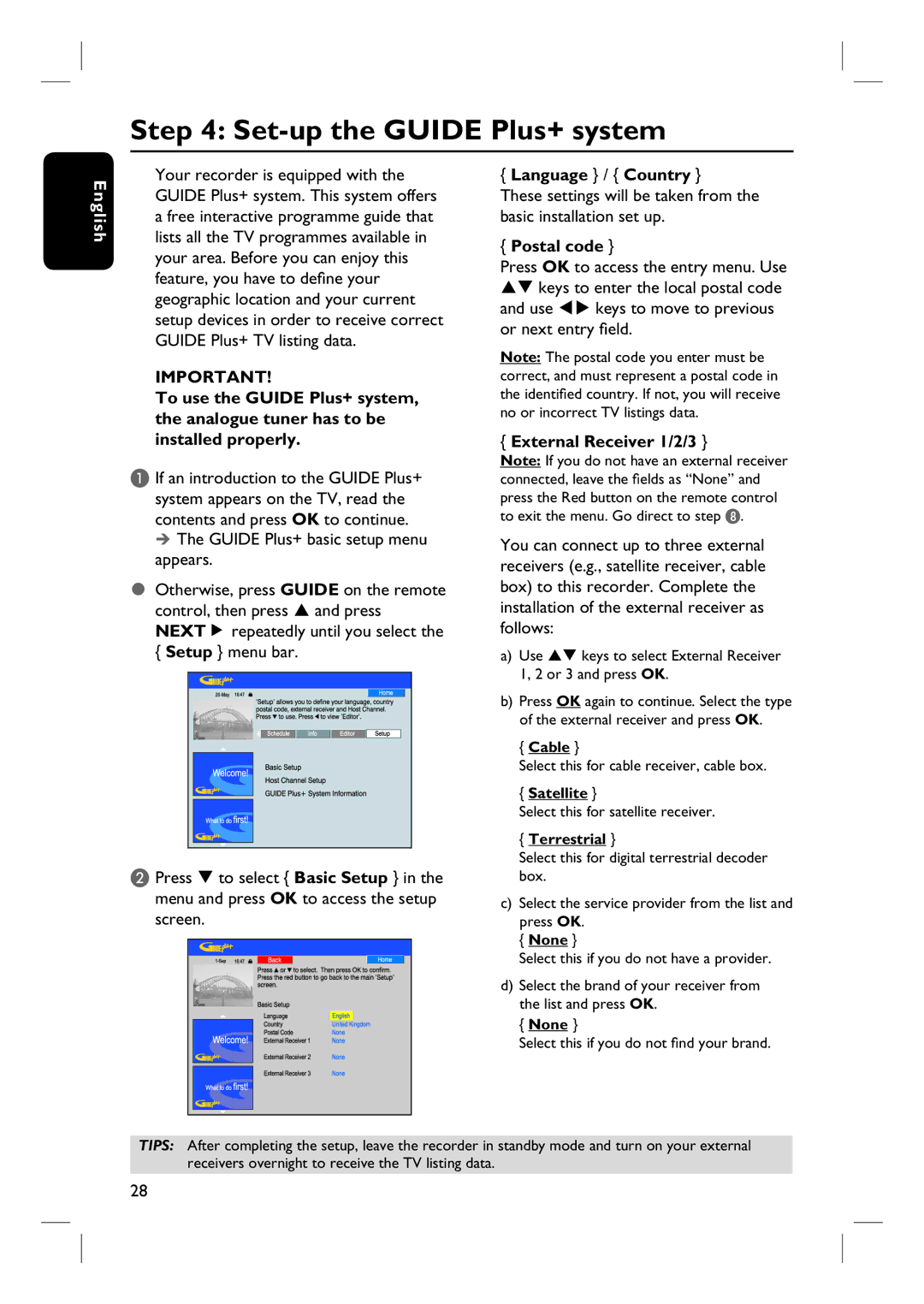 Philips DVDR3360H user manual Set-up the Guide Plus+ system, Postal code, Use keys to move to previous or next entry field 