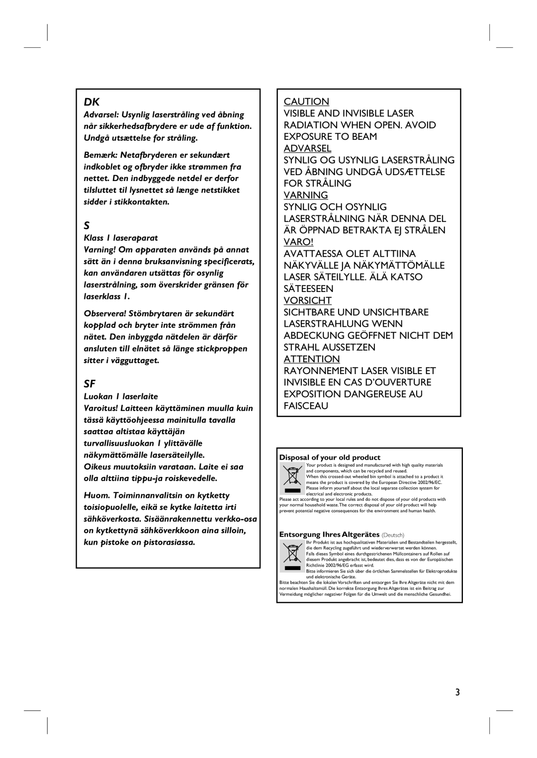 Philips DVDR3360H user manual Klass 1 laseraparat 