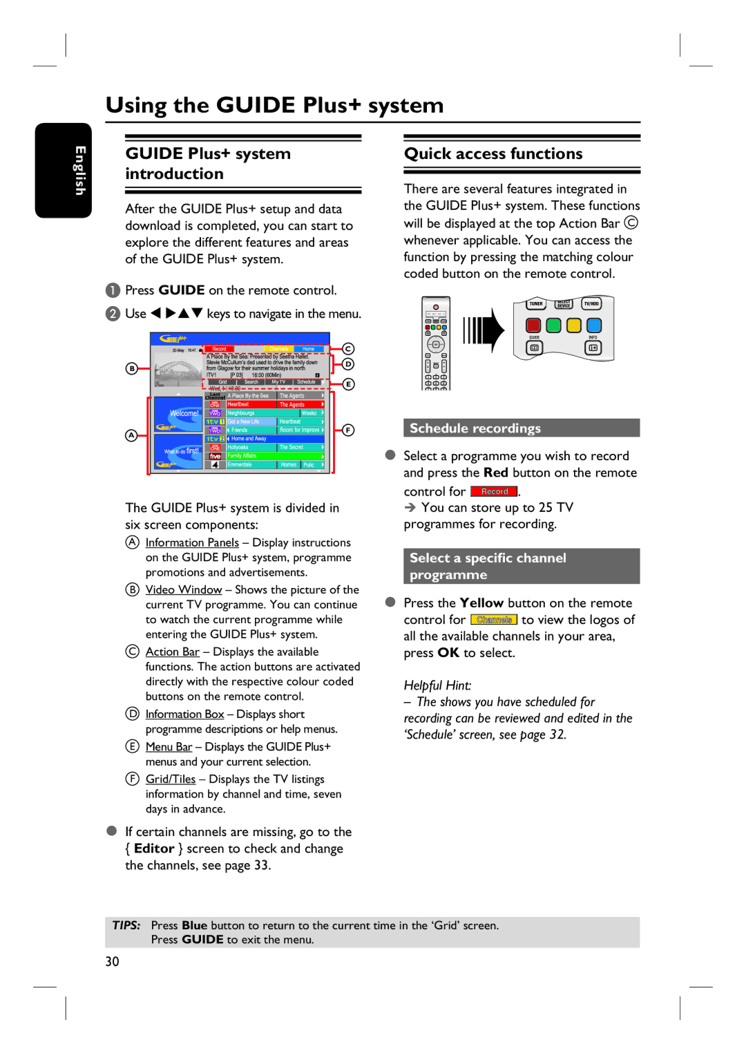 Philips DVDR3360H user manual Using the Guide Plus+ system, Guide Plus+ system introduction, Quick access functions 