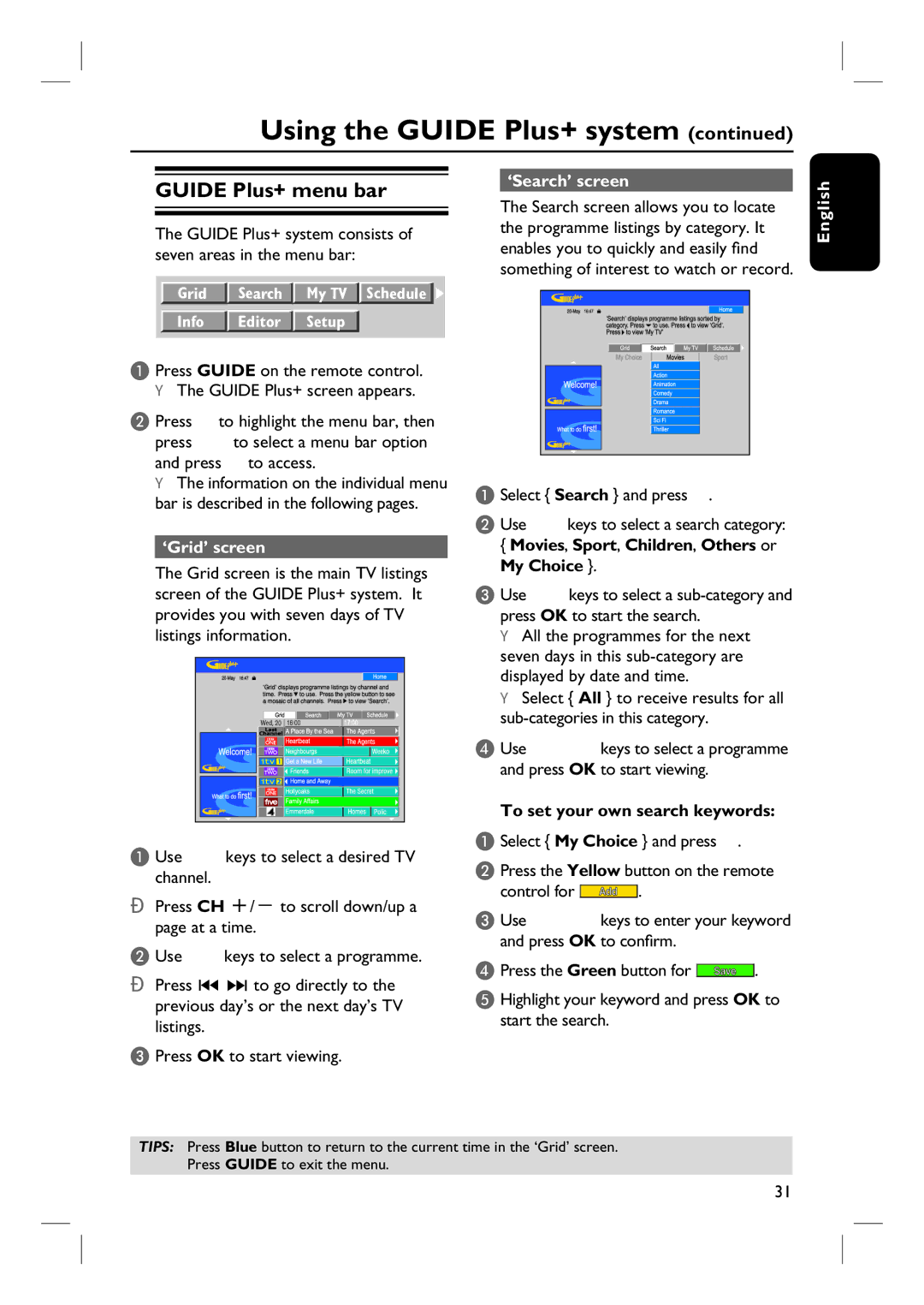 Philips DVDR3360H Guide Plus+ menu bar, ‘Search’ screen, ‘Grid’ screen, Movies, Sport, Children, Others or My Choice 