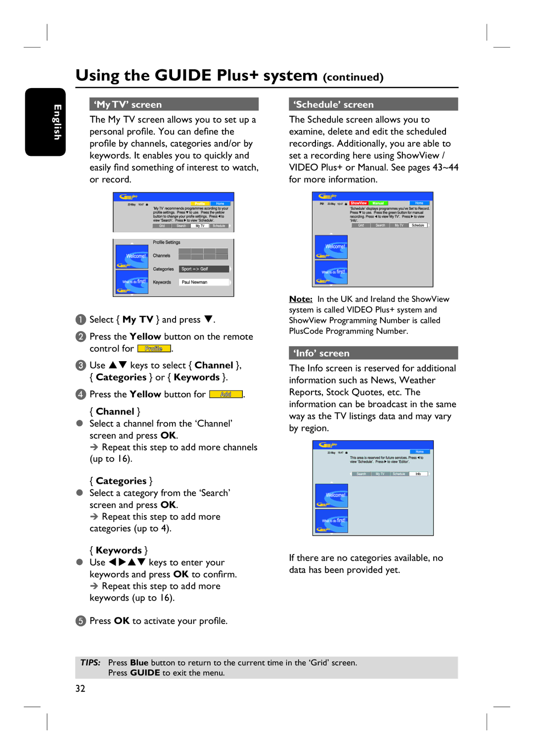 Philips DVDR3360H user manual ‘My TV’ screen ‘Schedule’ screen English, ‘Info’ screen 