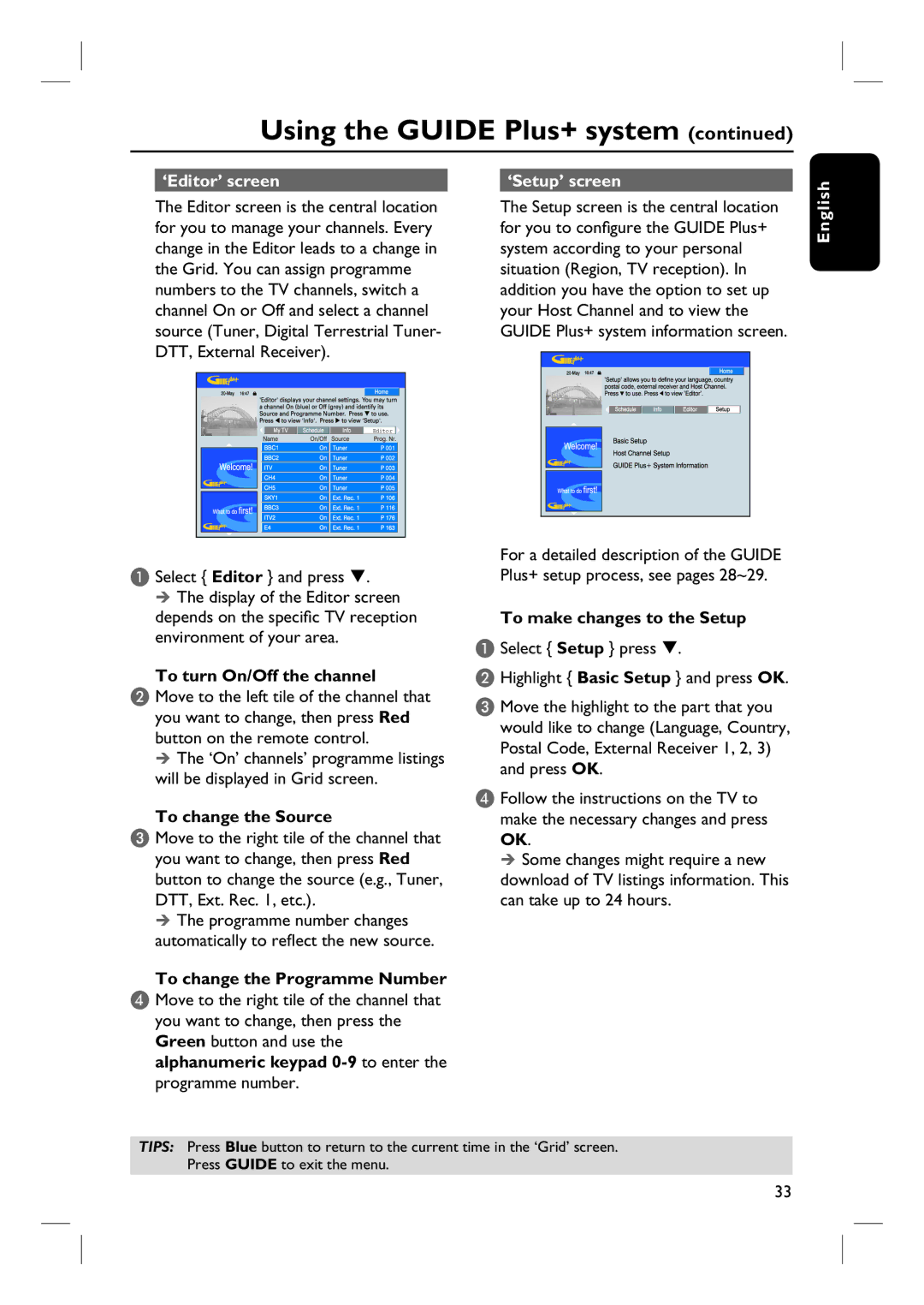 Philips DVDR3360H user manual ‘Editor’ screen ‘Setup’ screen 