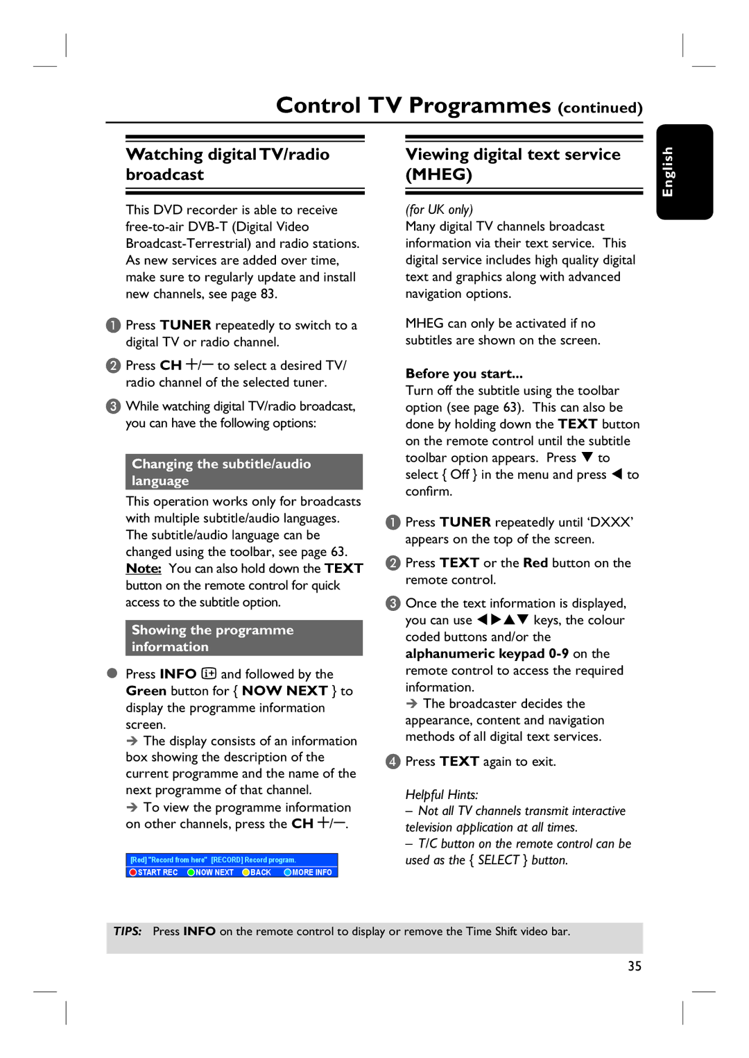 Philips DVDR3360H Watching digital TV/radio broadcast, Viewing digital text service Mheg, Press Text again to exit 