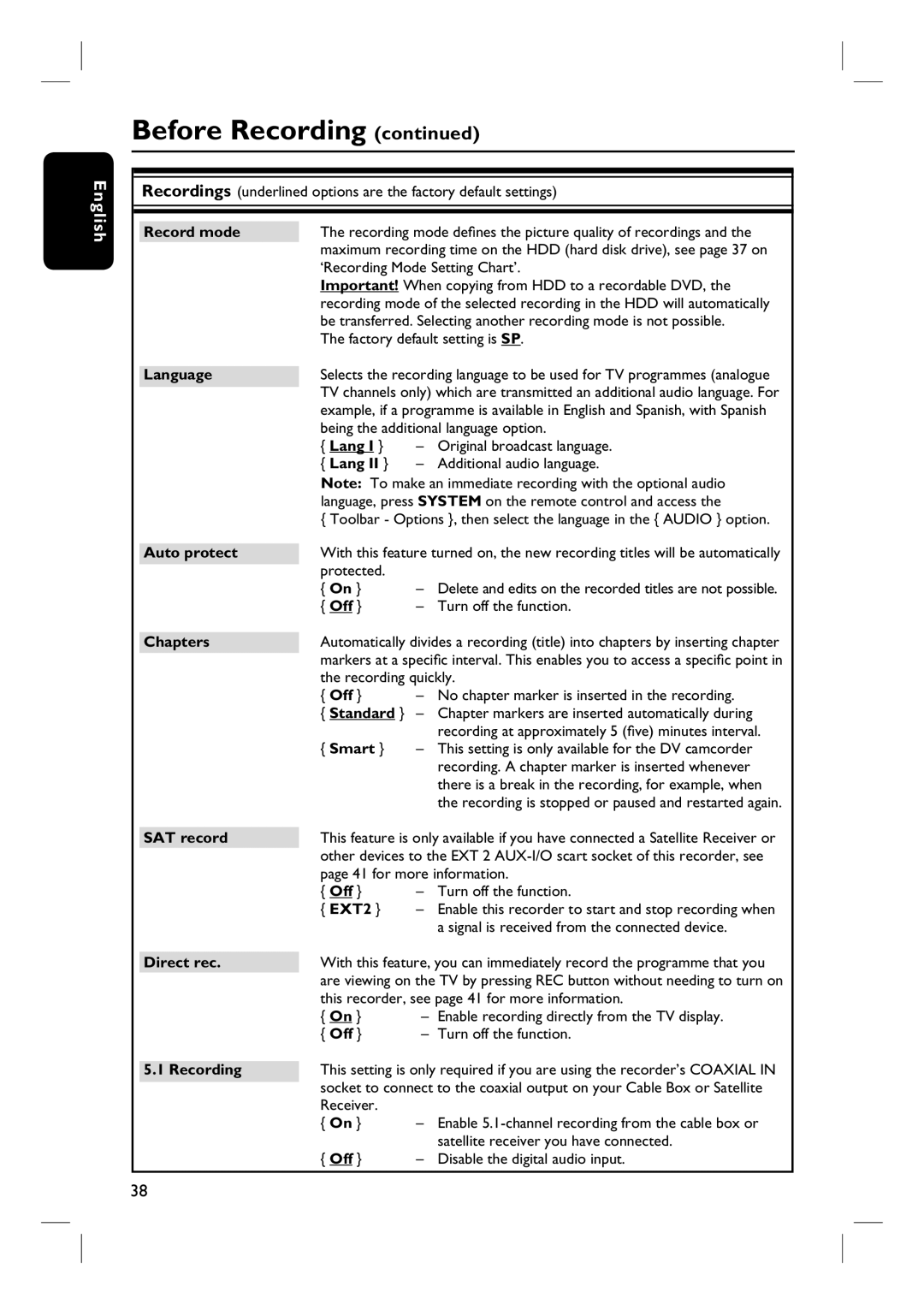 Philips DVDR3360H Record mode, Language, Auto protect, Chapters, Off, Standard, Smart, SAT record, EXT2, Direct rec 