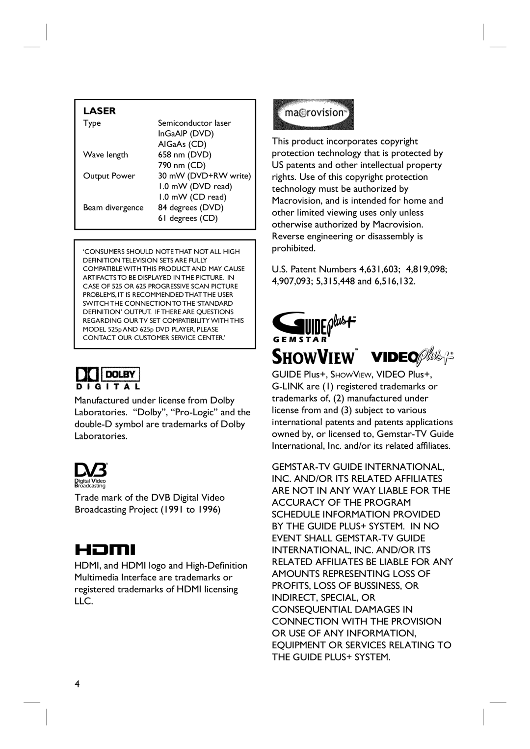 Philips DVDR3360H user manual Laser, MW DVD read, MW CD read, Beam divergence Degrees DVD Degrees CD 