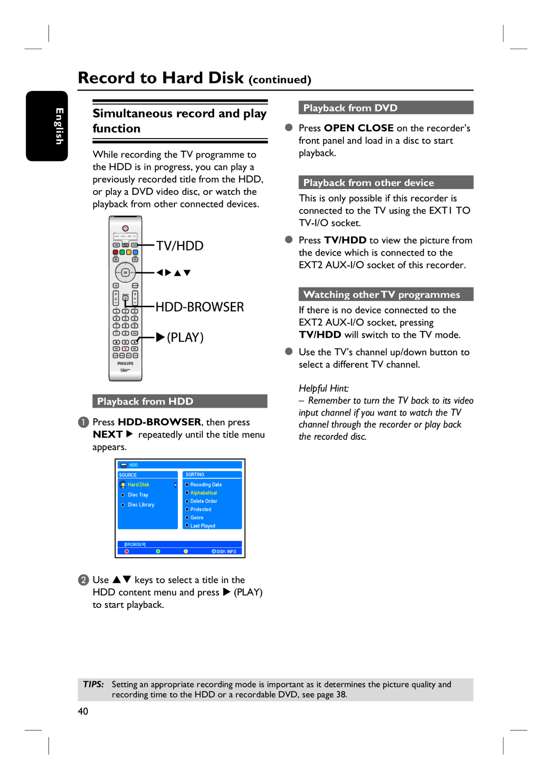 Philips DVDR3360H user manual Simultaneous record and play function 