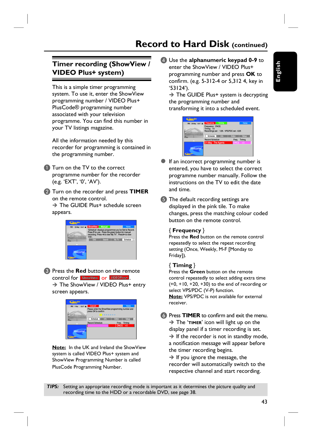 Philips DVDR3360H user manual Timer recording ShowView / Video Plus+ system, Frequency, Timing 