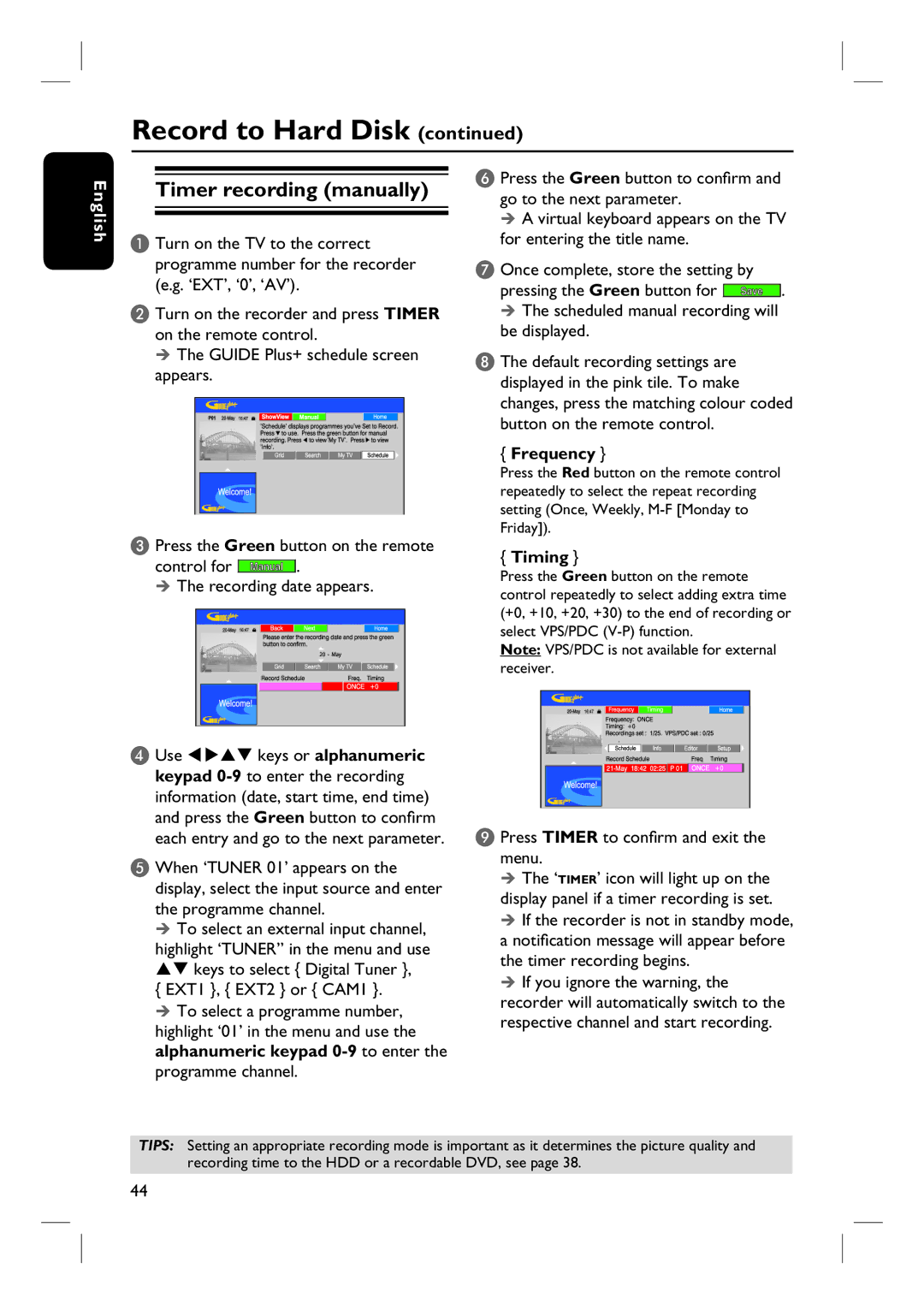 Philips DVDR3360H user manual Timer recording manually, Keys or alphanumeric 