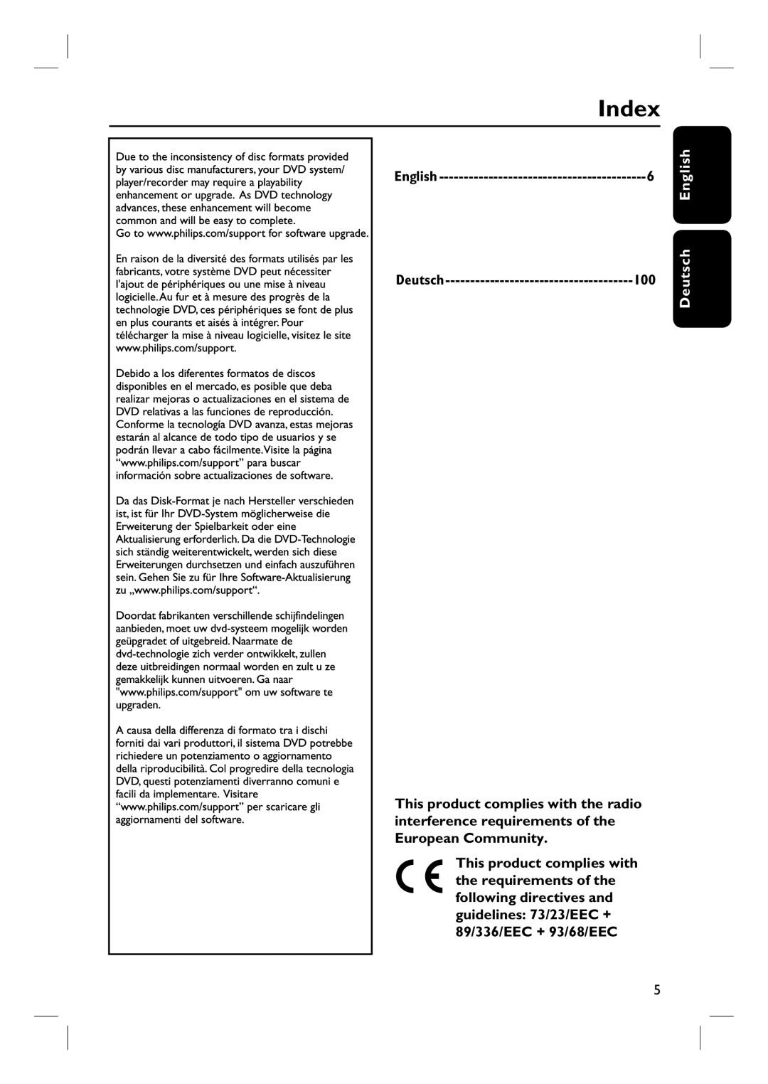 Philips DVDR3360H user manual Index, Deutsch English, 100 