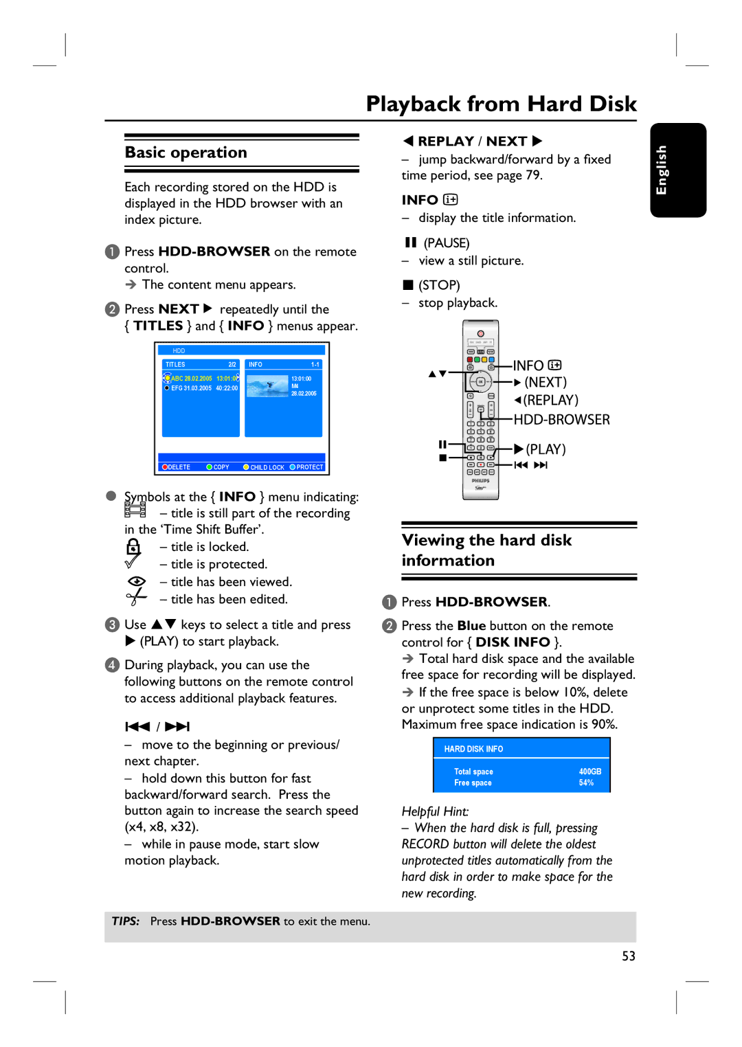 Philips DVDR3360H user manual Playback from Hard Disk, Basic operation, Viewing the hard disk information, Replay / Next 